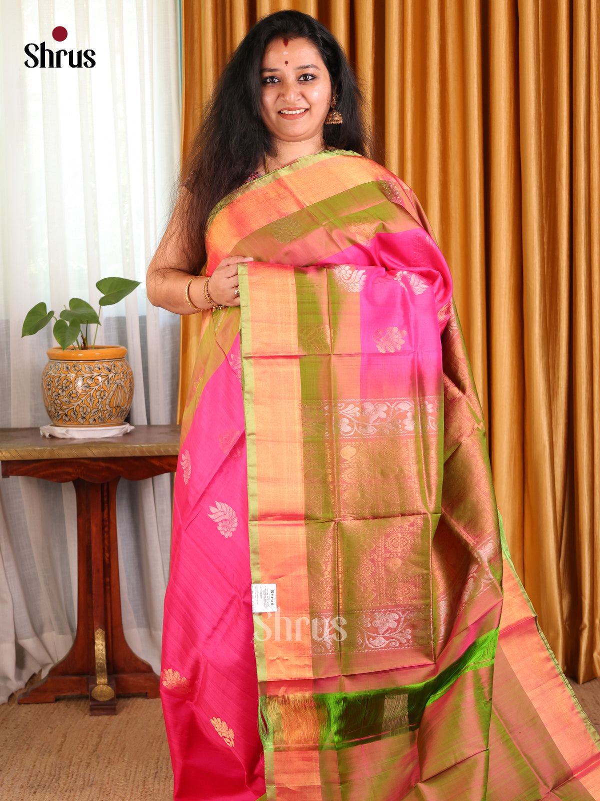 Elegant Pink & Double Shaded Green Uppada silk Saree with zari woven floral buttas , brocade pallu - Shop on Shrus.com