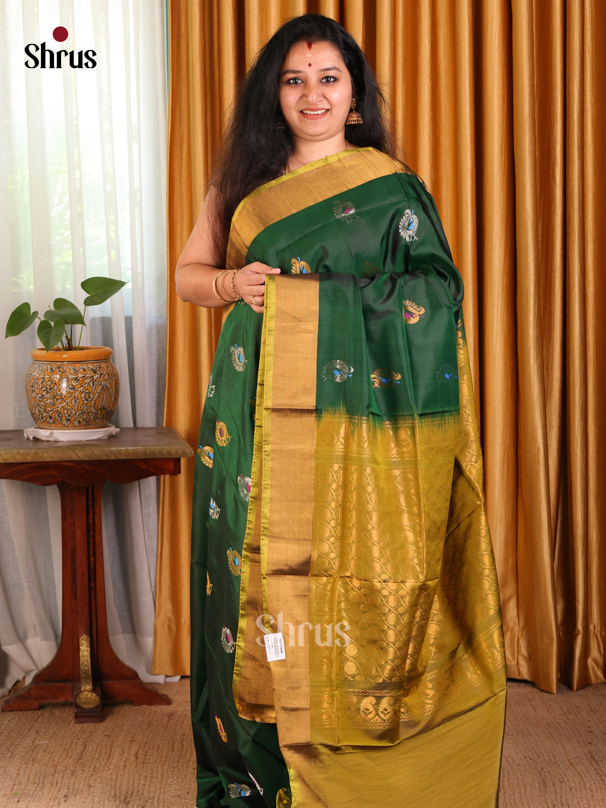 Serene Green Uppada silk Saree with gold, silver zari floral buttas , contrast equal border - Shop on Shrus.com