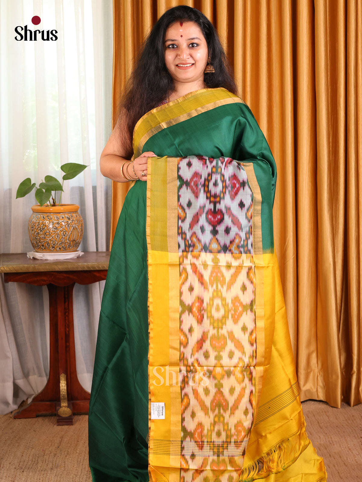 Classic Green , Mustard Uppada silk Saree with plain body, pochampally border - Shop on Shrus.com