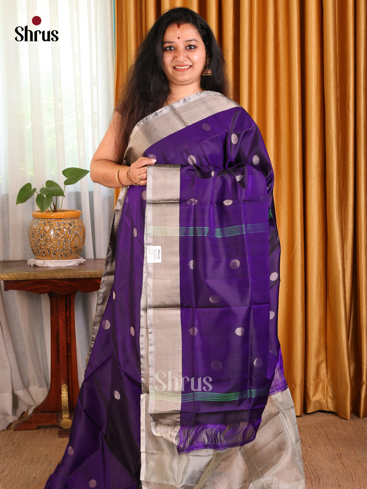 Beautiful Violet Uppada silk Saree with zari woven coin buttas , contrast Equal border - Shop on Shrus.com