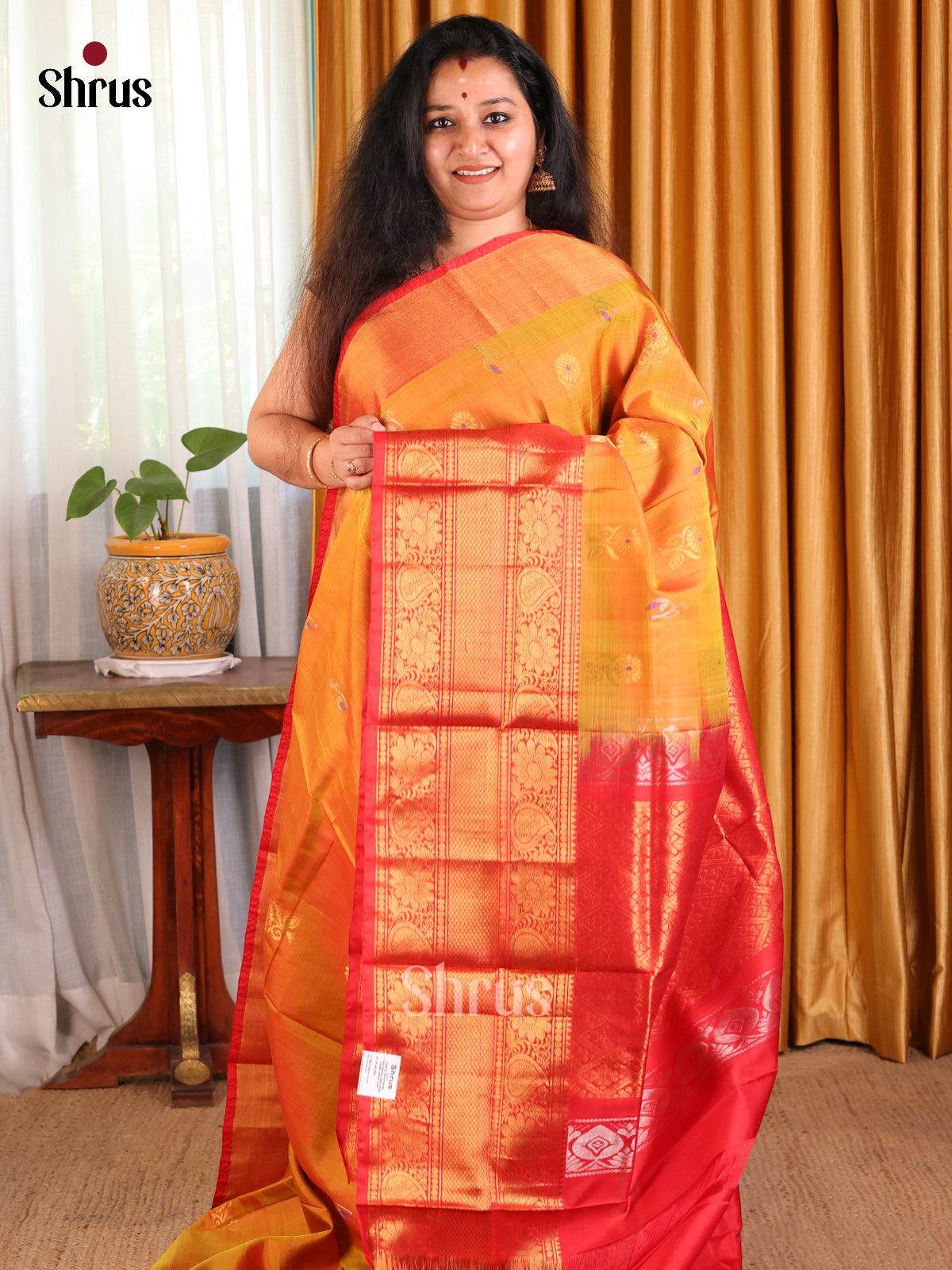 Radiant Orange Uppada silk Saree with zari woven floral buttas , Kanchi Border - Shop on Shrus.com