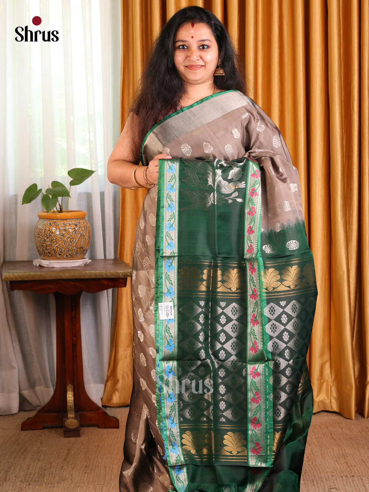 Classic Grey Uppada silk Saree with zari buttas & contrast Green Border
