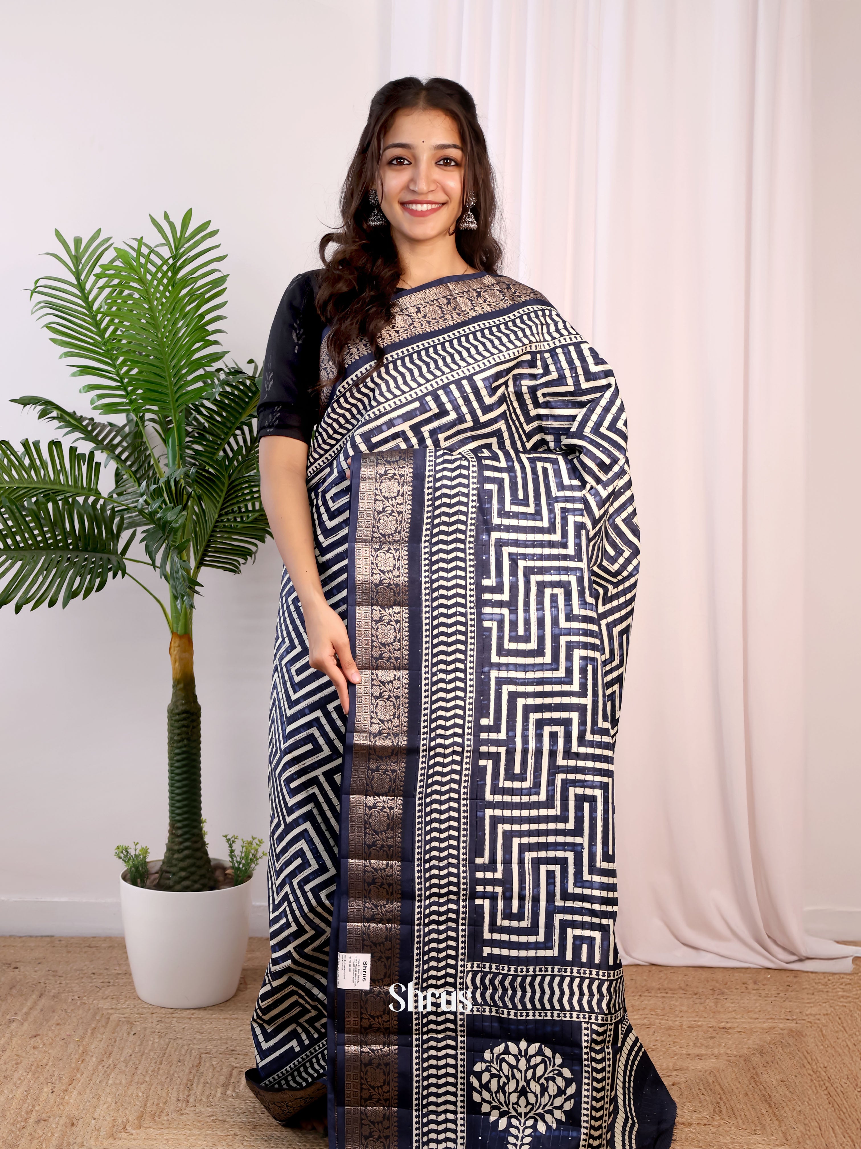 Navy Blue - Semi Tussar Saree - Shop on Shrus.com