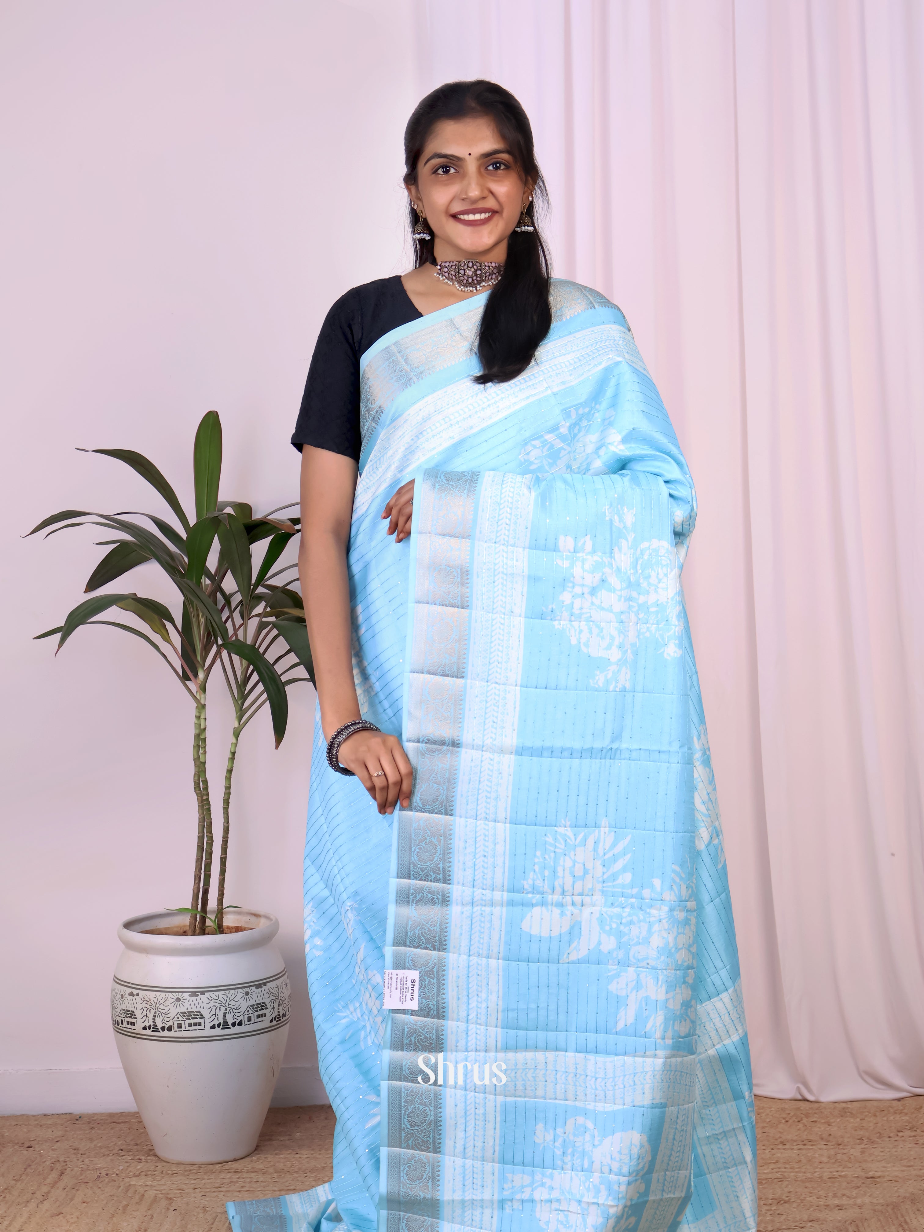 Ice Blue - Semi Tussar Saree - Shop on Shrus.com