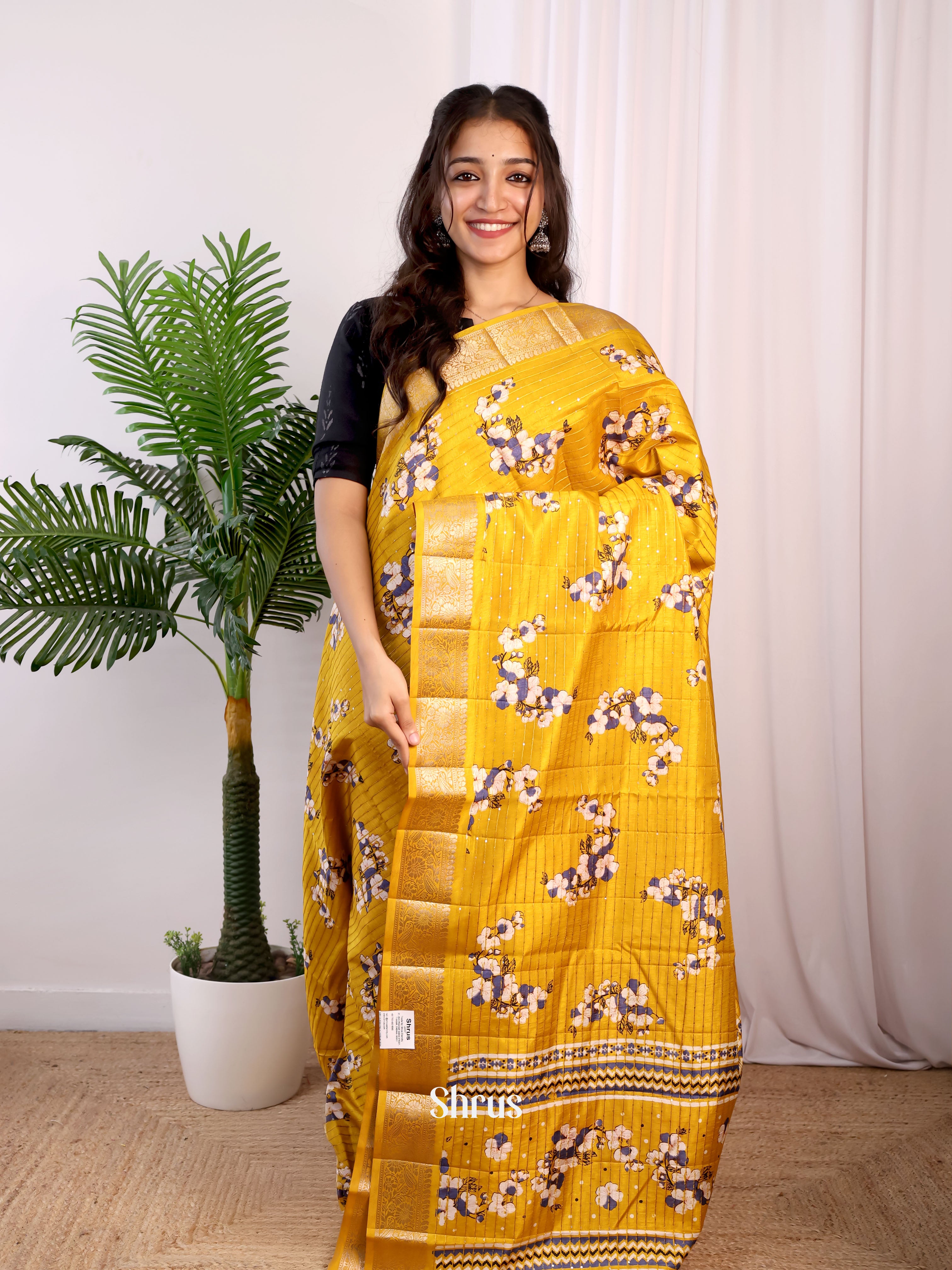 Mustard - Semi Tussar Saree - Shop on Shrus.com