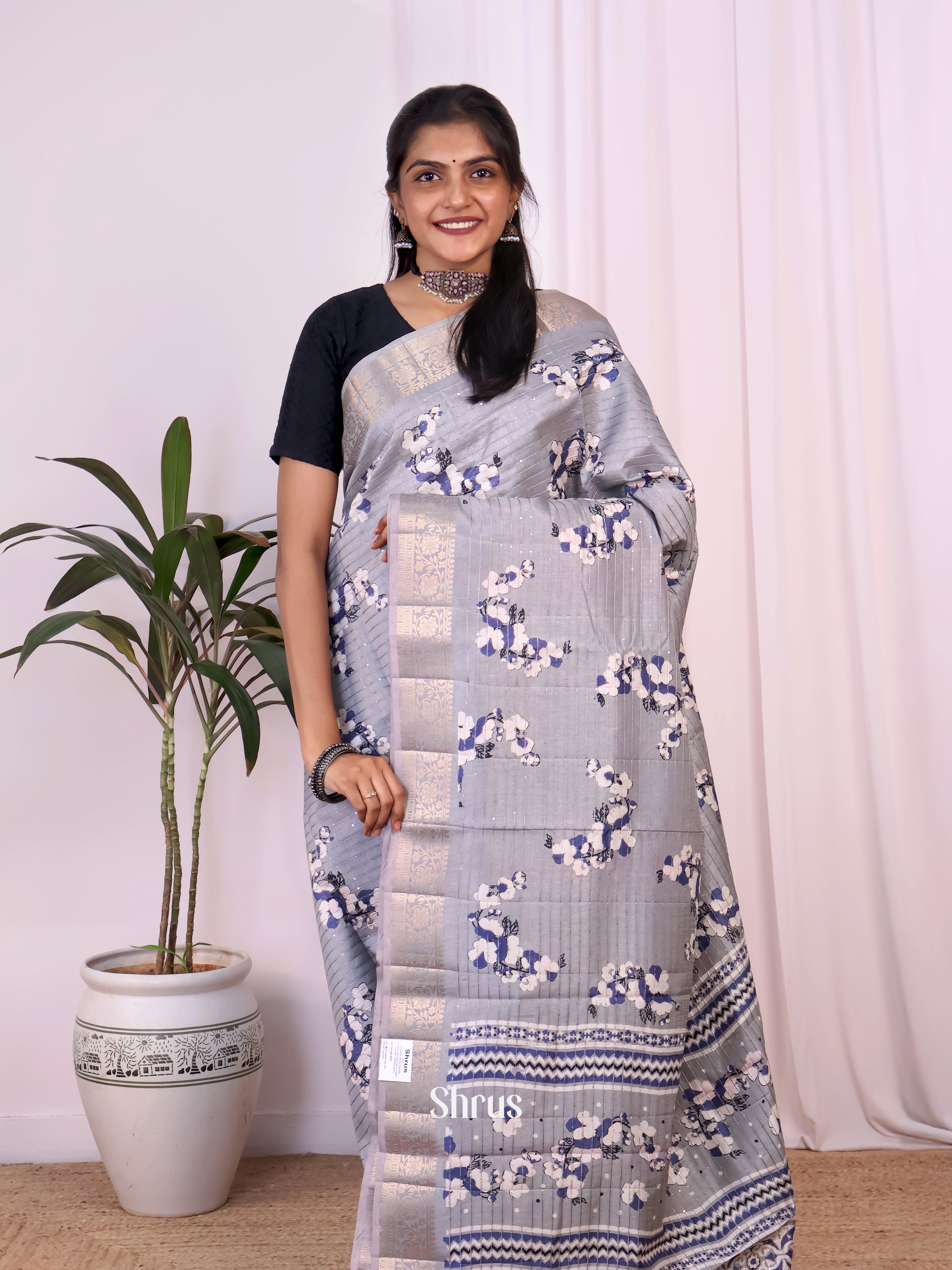 Grey - Semi Tussar Saree - Shop on Shrus.com