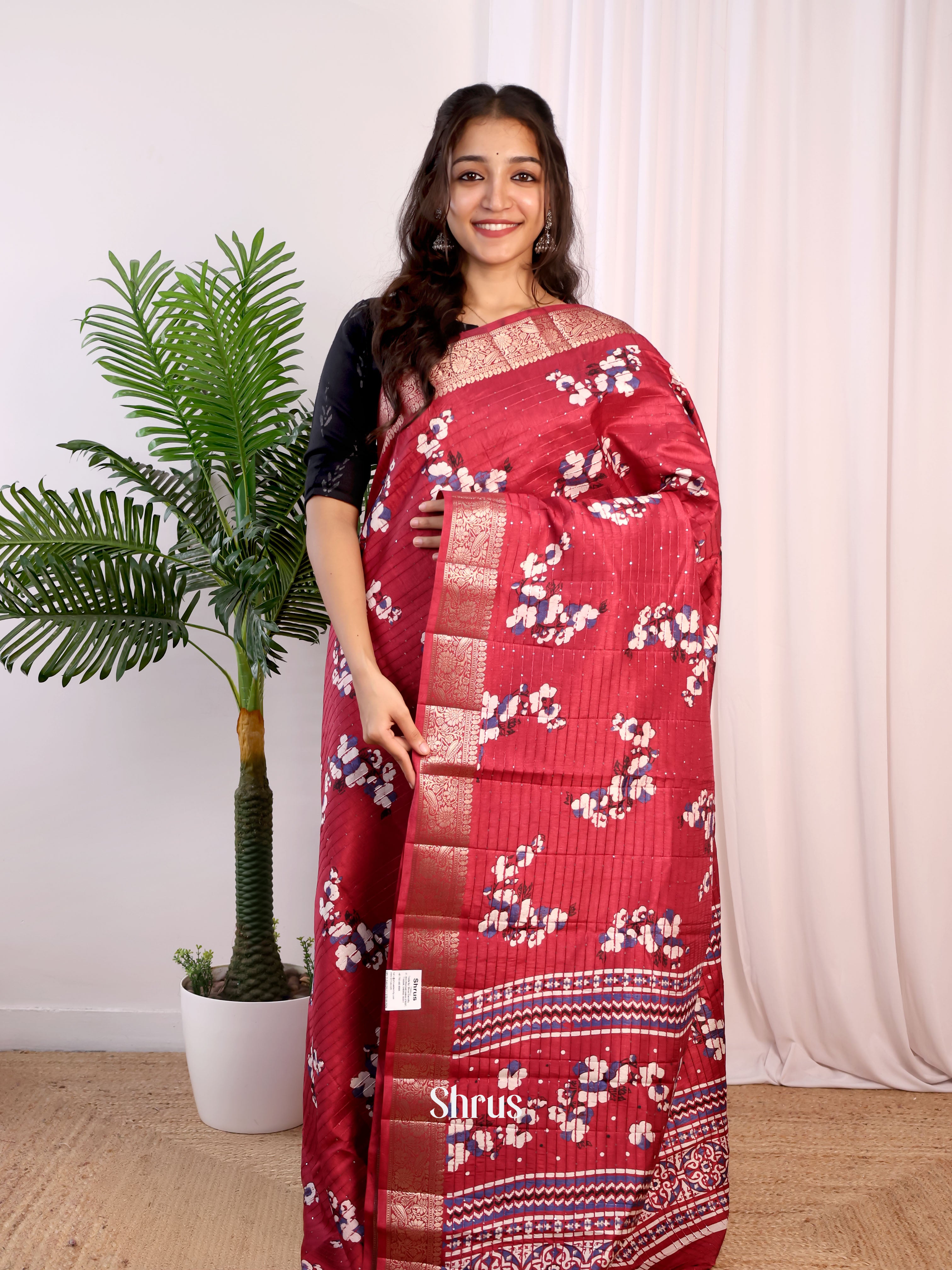 Maroon - Semi Tussar Saree - Shop on Shrus.com