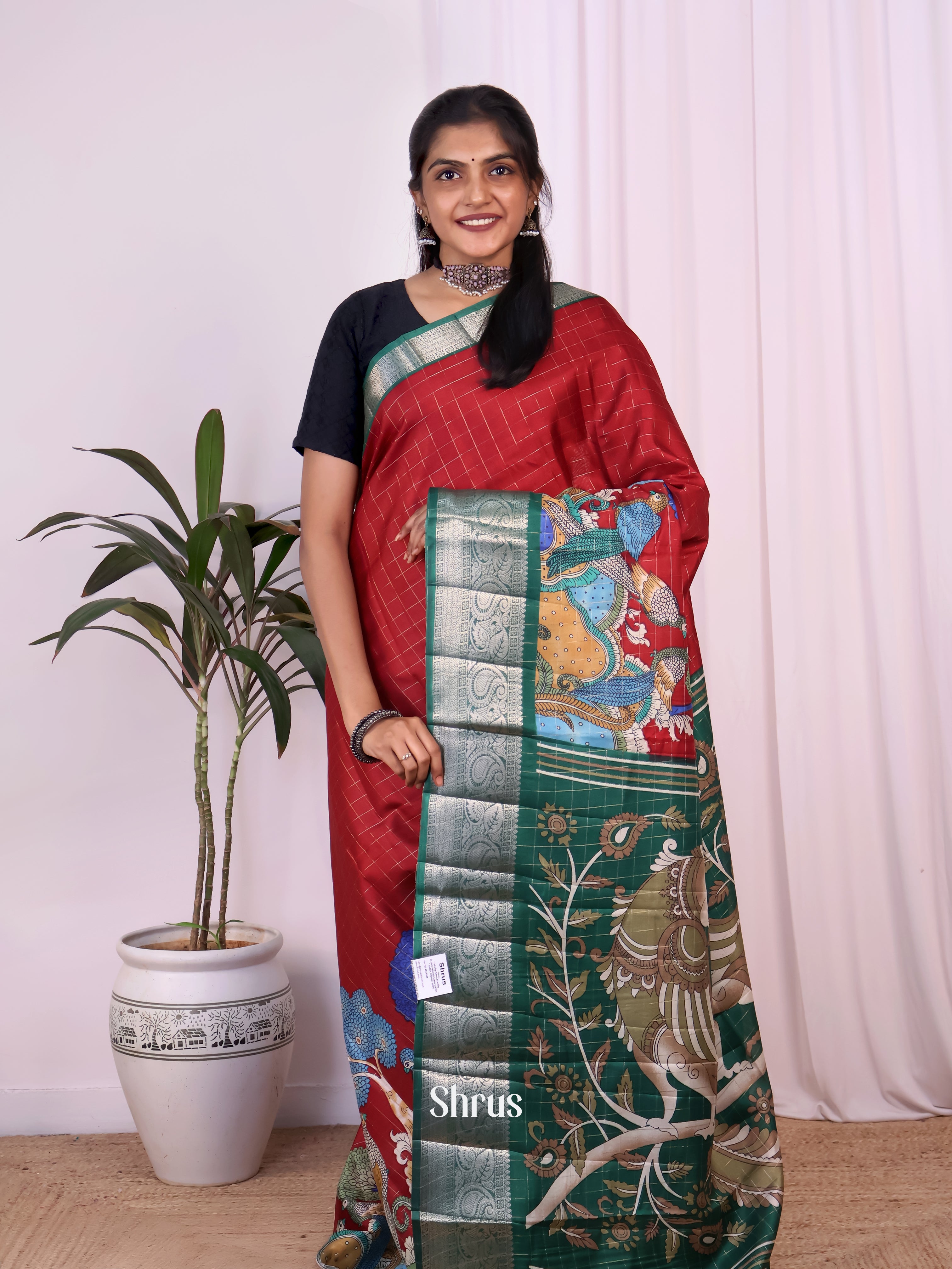 Red & Green - Semi Tussar Saree - Shop on Shrus.com