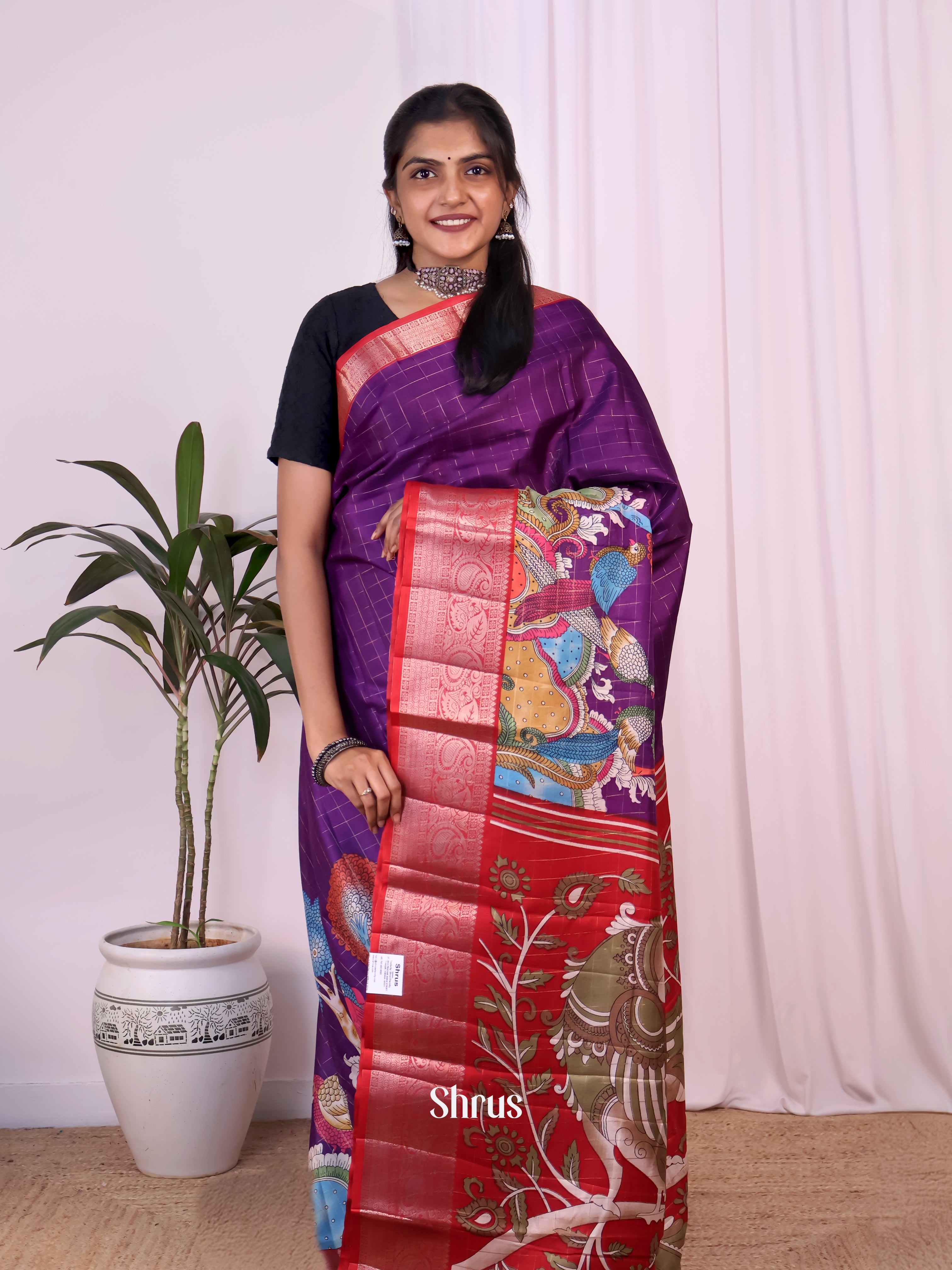 Purple & Red - Semi Tussar Saree - Shop on Shrus.com