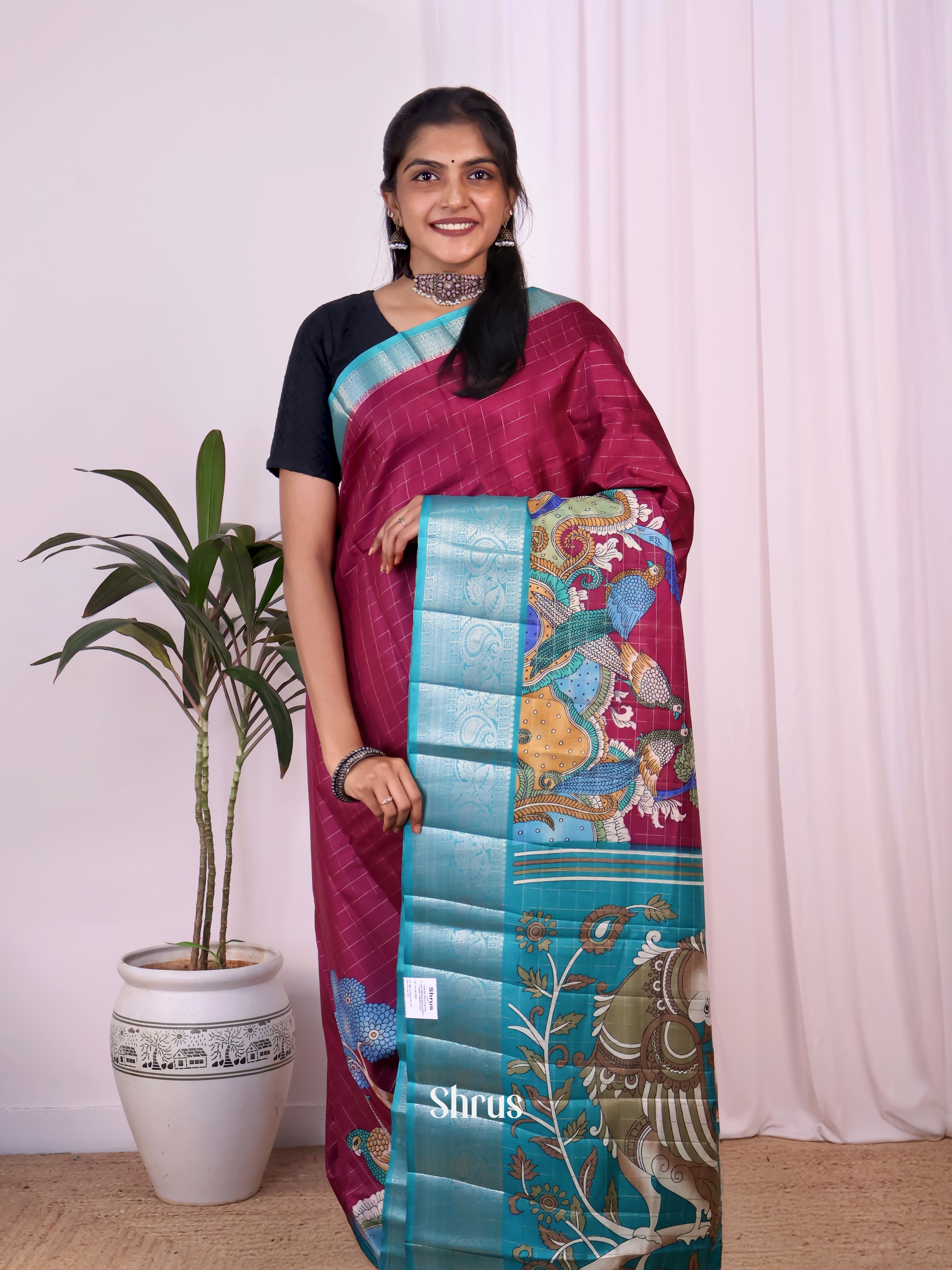 Wine & Teal - Semi Tussar Saree - Shop on Shrus.com