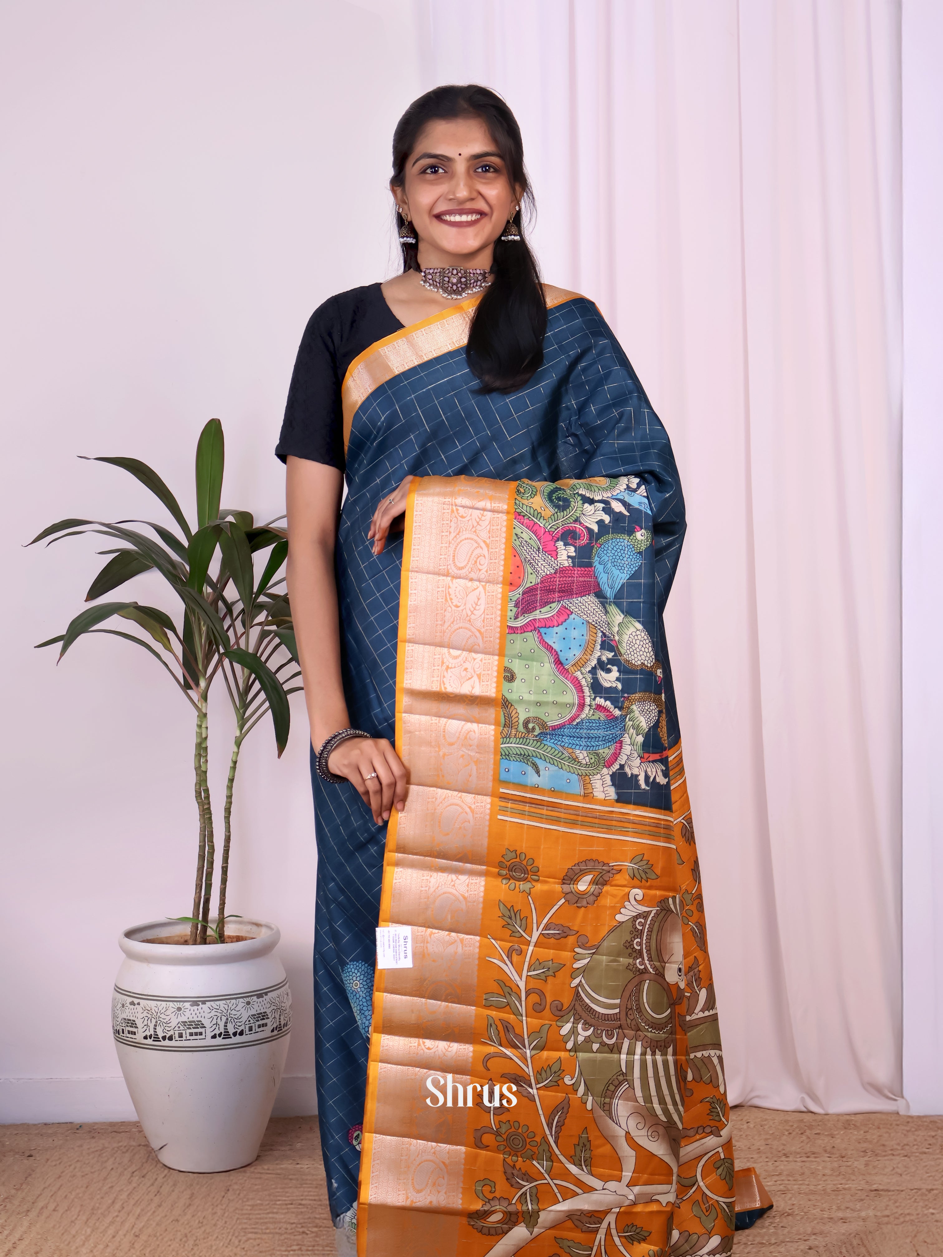 Blue & Mustard- Semi Tussar Saree - Shop on Shrus.com