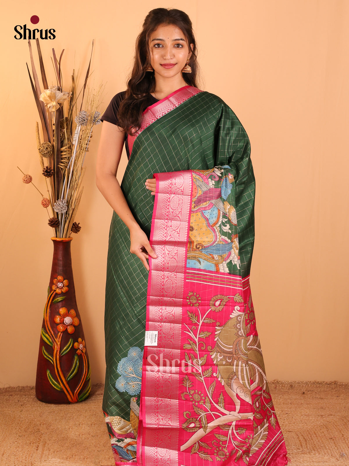 Bottle green with pink - Printed Tussar saree - CJS29400 - Shop on Shrus.com