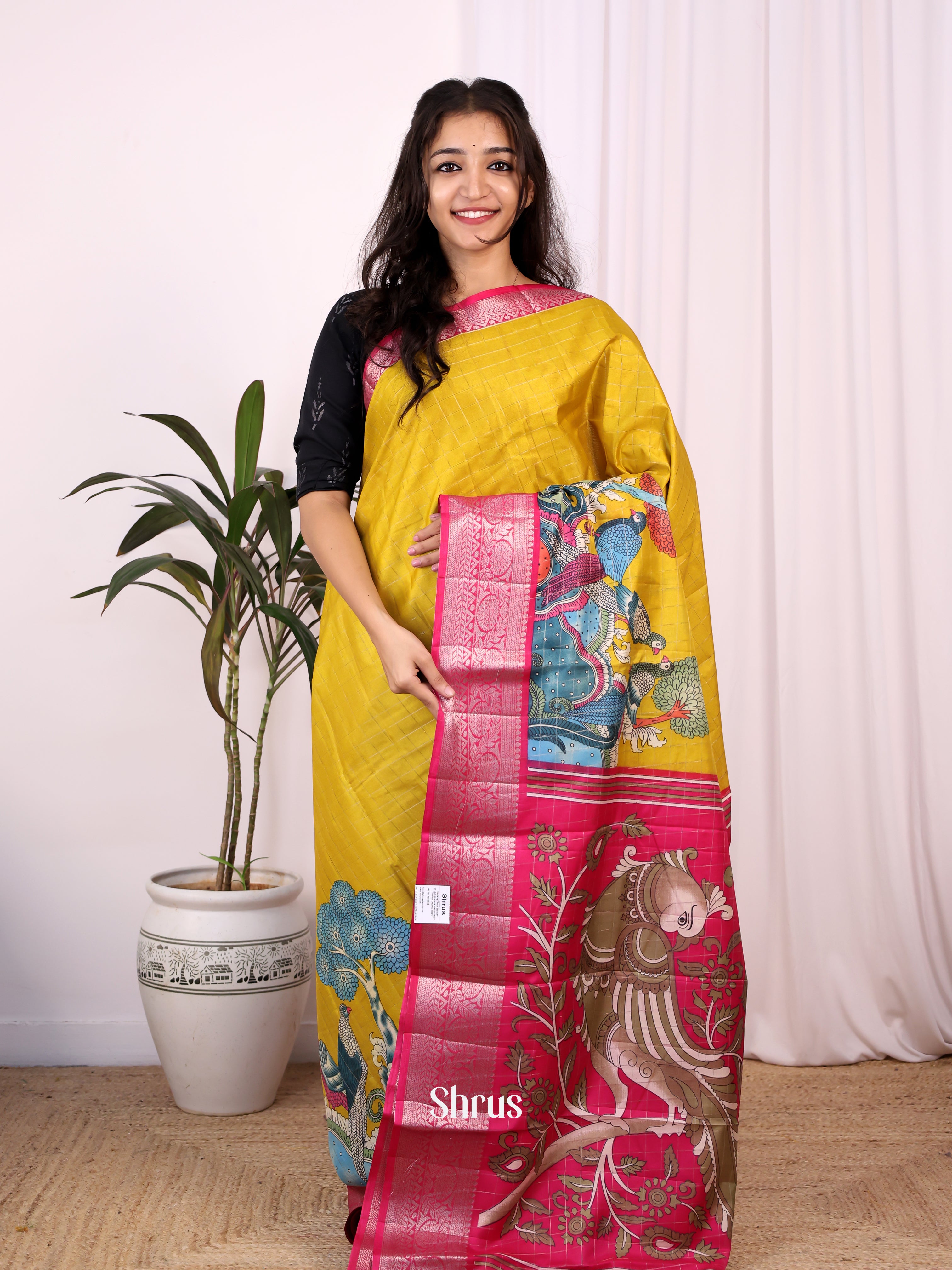 Mustardy Green & Pink- Semi Tussar Saree - Shop on Shrus.com