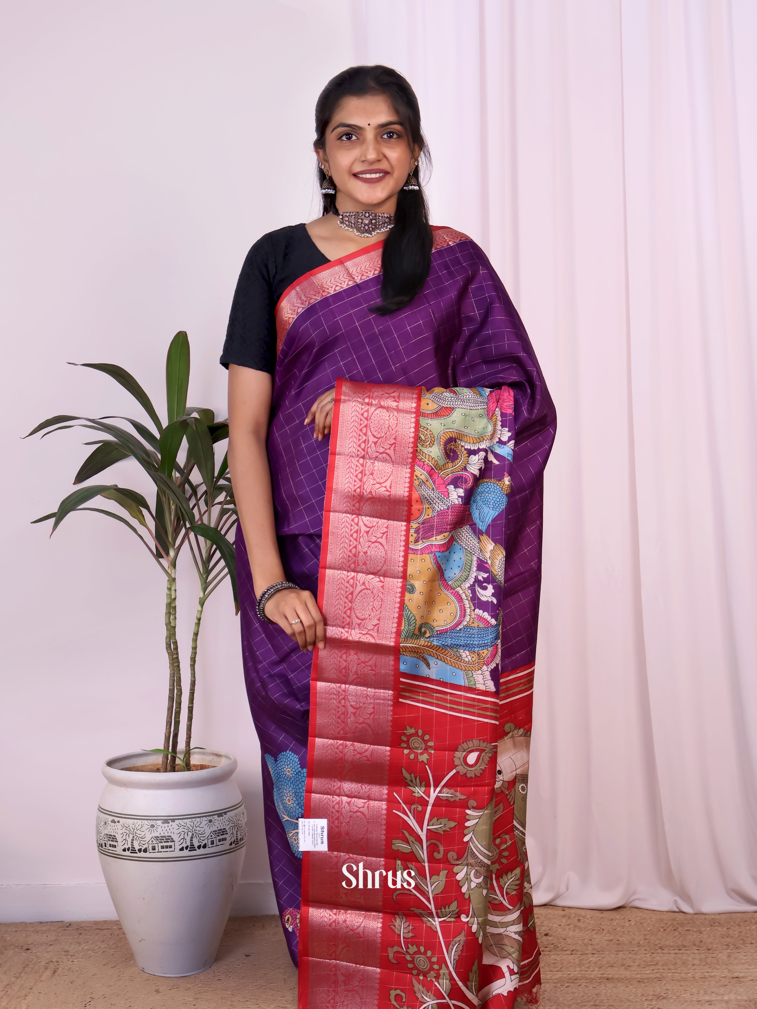 Purple & Red - Semi Tussar Saree - Shop on Shrus.com