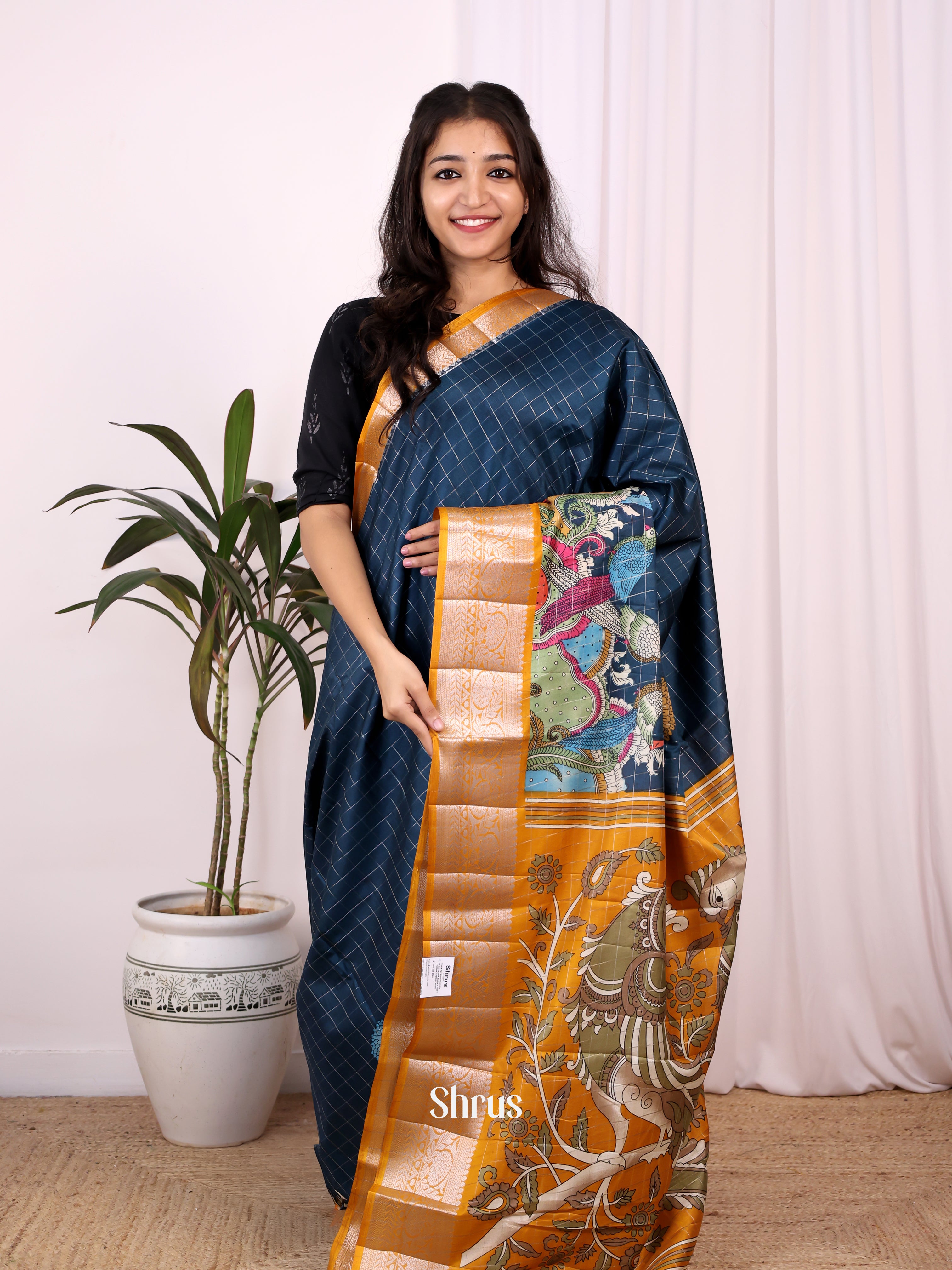 Blue & Mustard - Semi Tussar Saree - Shop on Shrus.com
