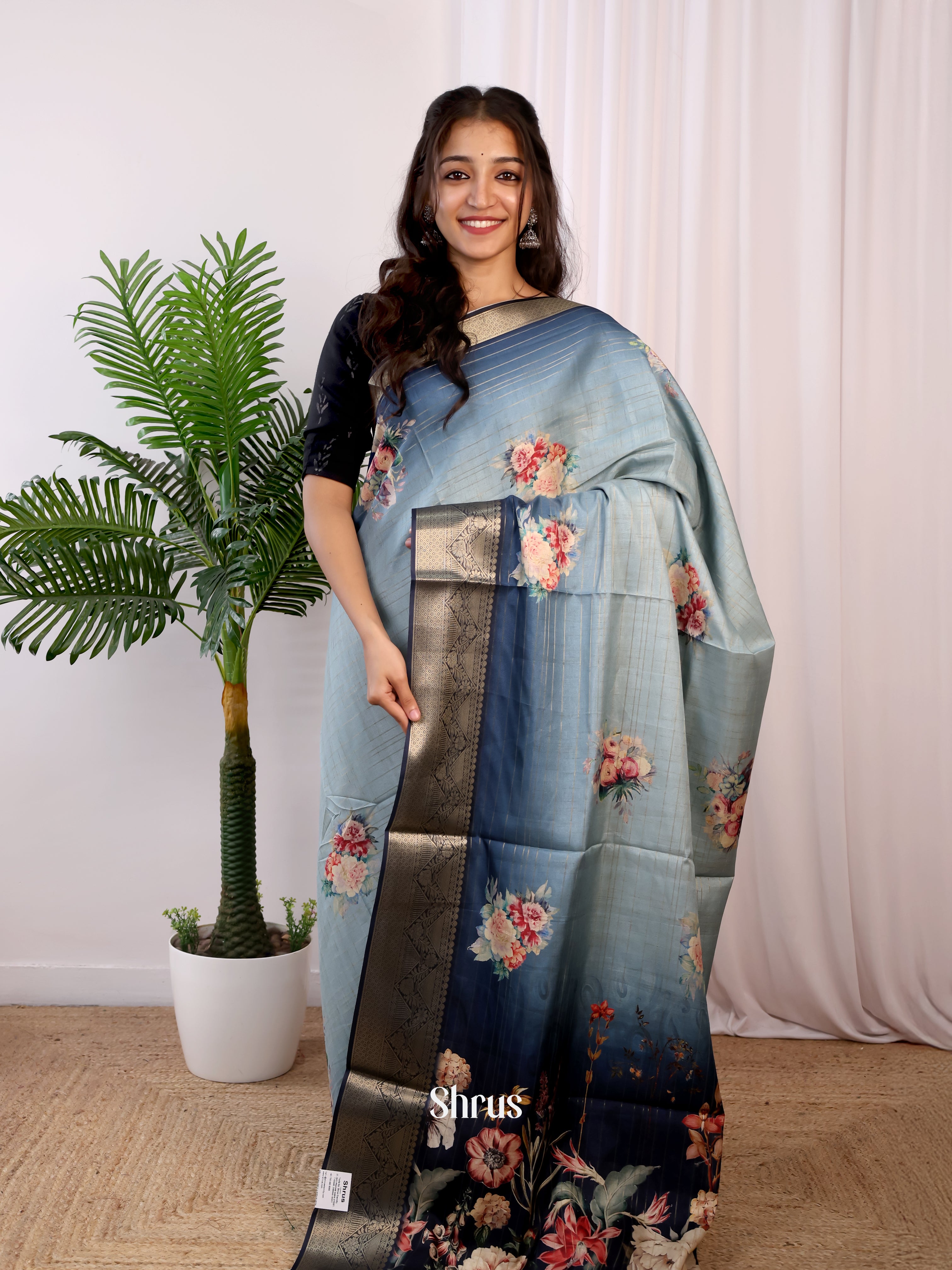 Lite & Dark Blue - Semi Dola silk Saree - Shop on Shrus.com