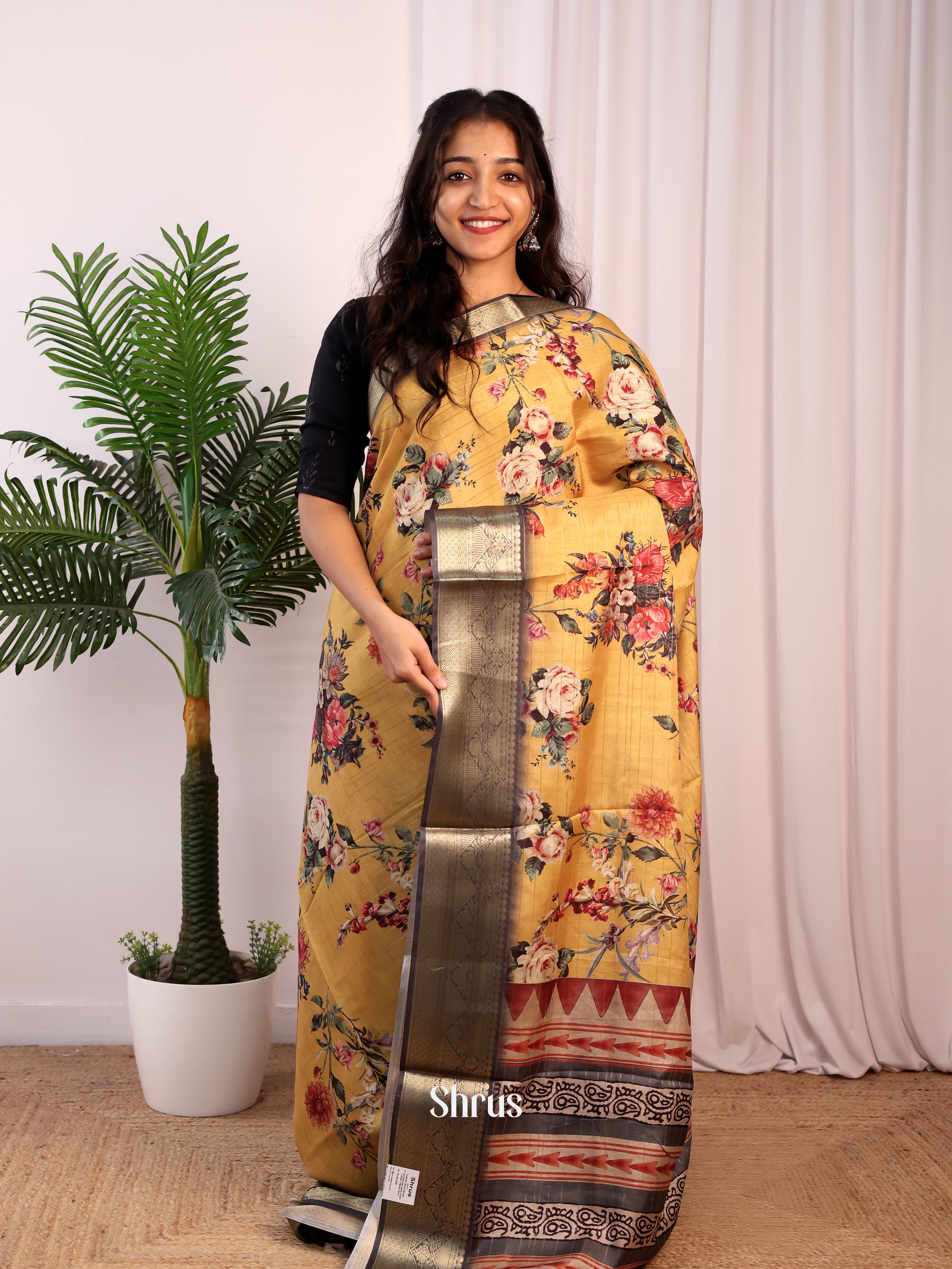 Mustard & Grey - Semi Dola silk Saree - Shop on Shrus.com