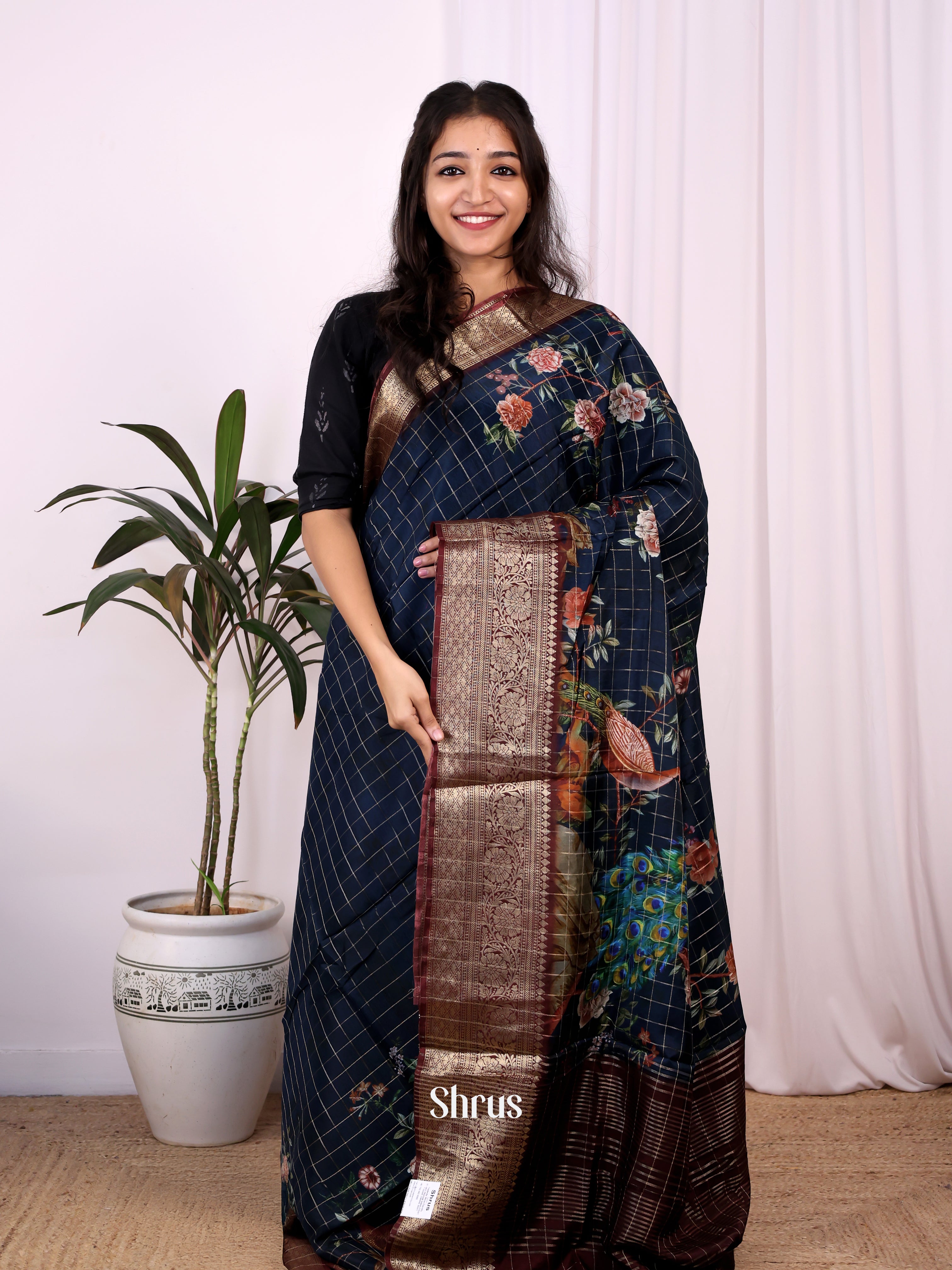 Blue & Brown - Semi Dola silk Saree - Shop on Shrus.com