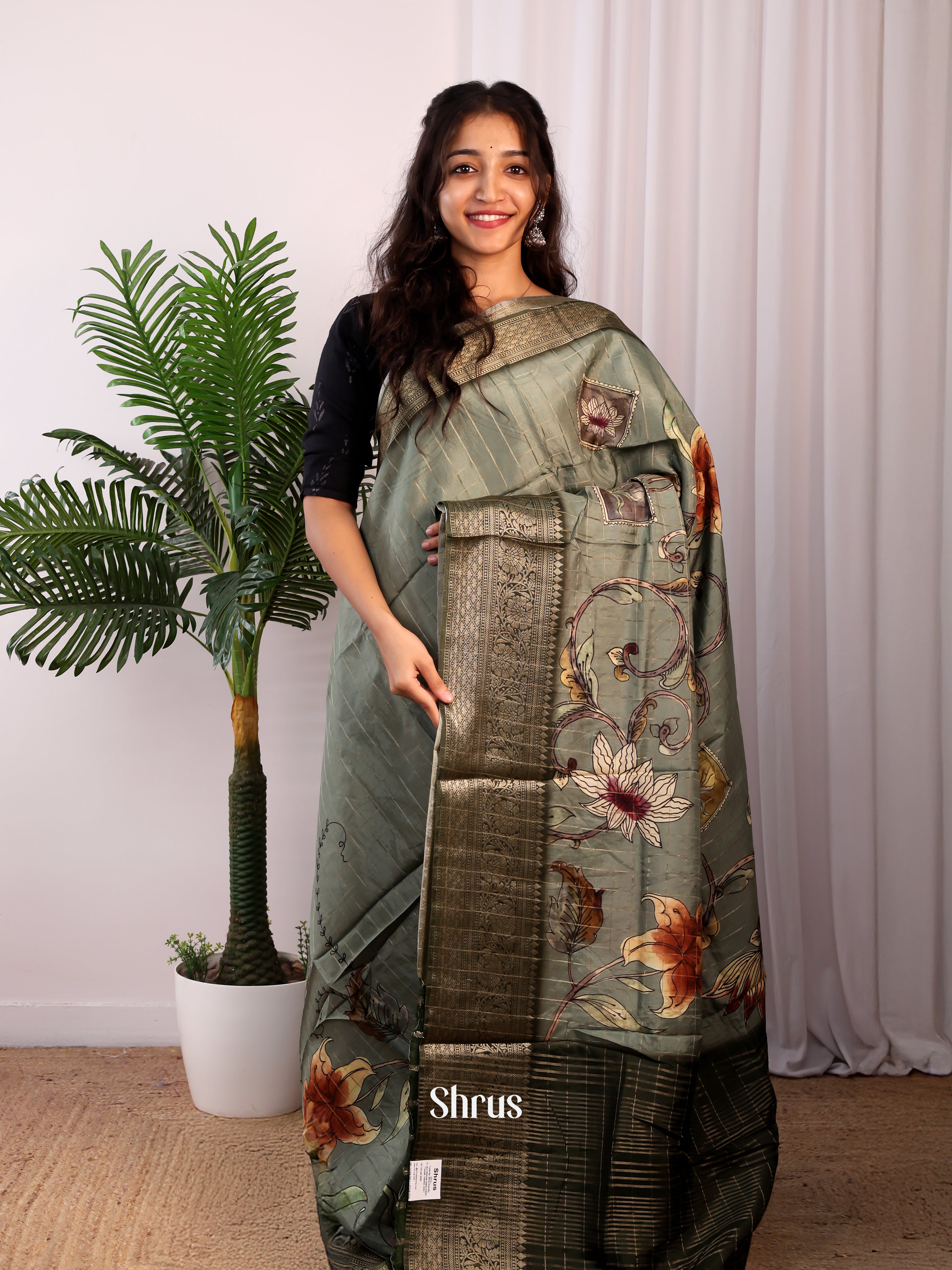Lite Green & Green - Semi Dola silk Saree - Shop on Shrus.com