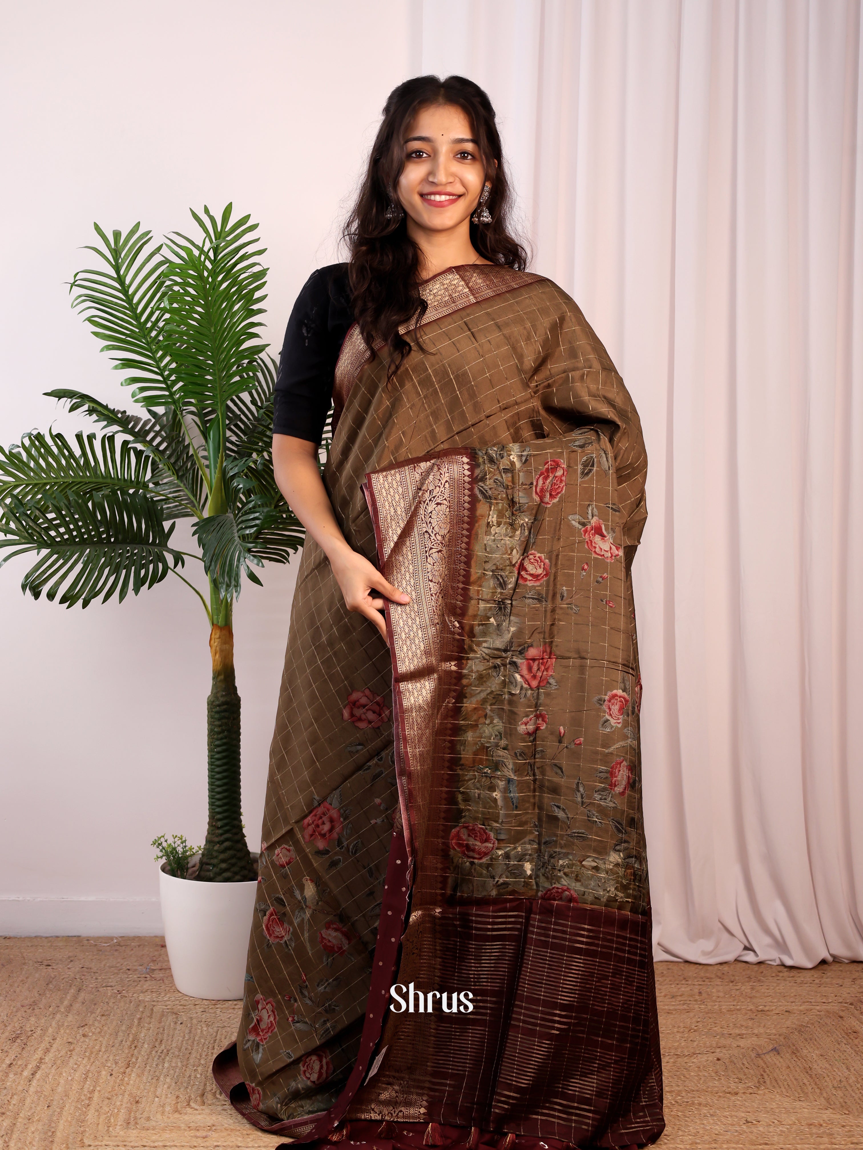 Brown & Maroon- Semi Dola silk Saree - Shop on Shrus.com