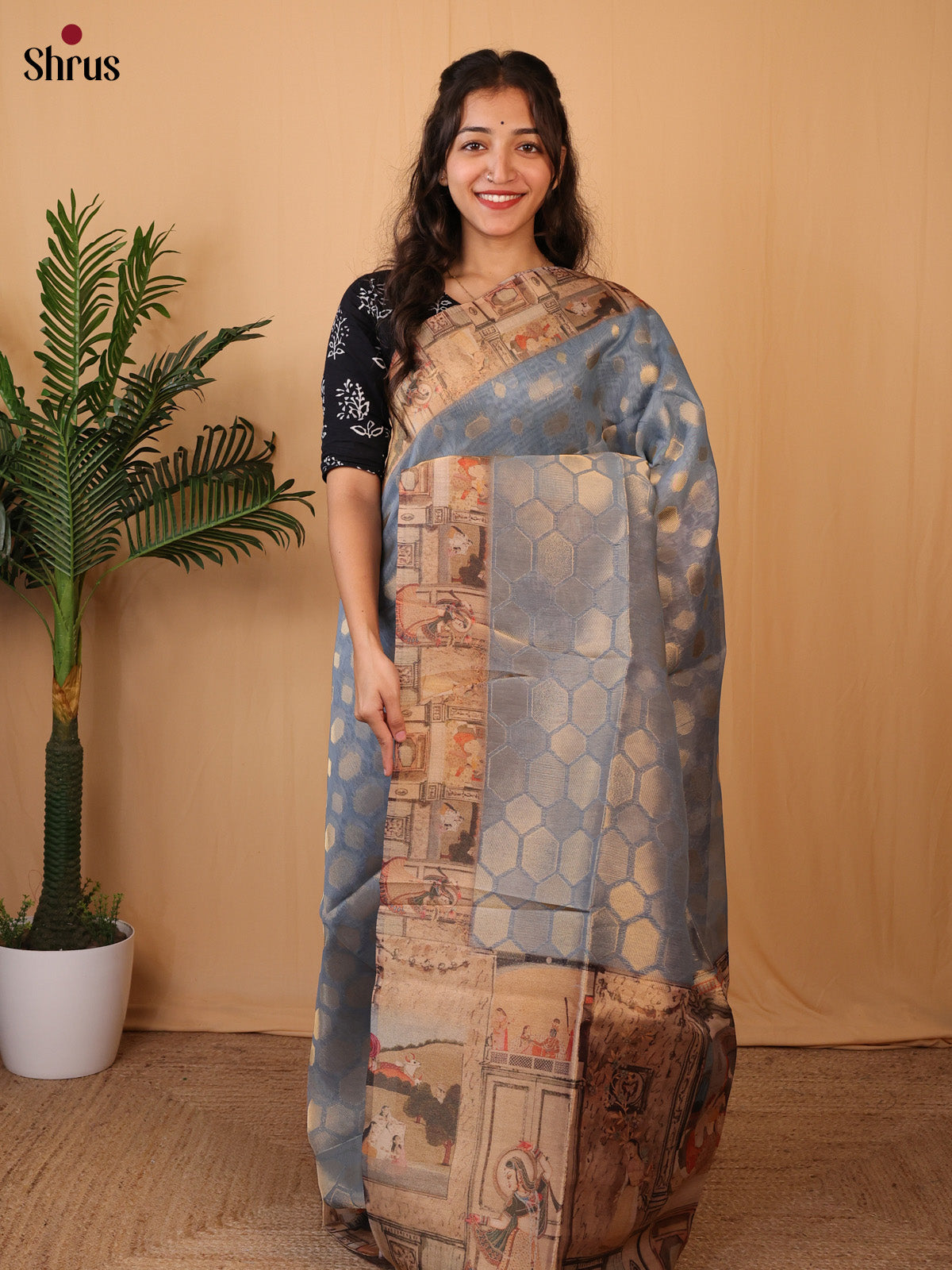 Blue & Brown - Semi Tissue Saree - Shop on Shrus.com
