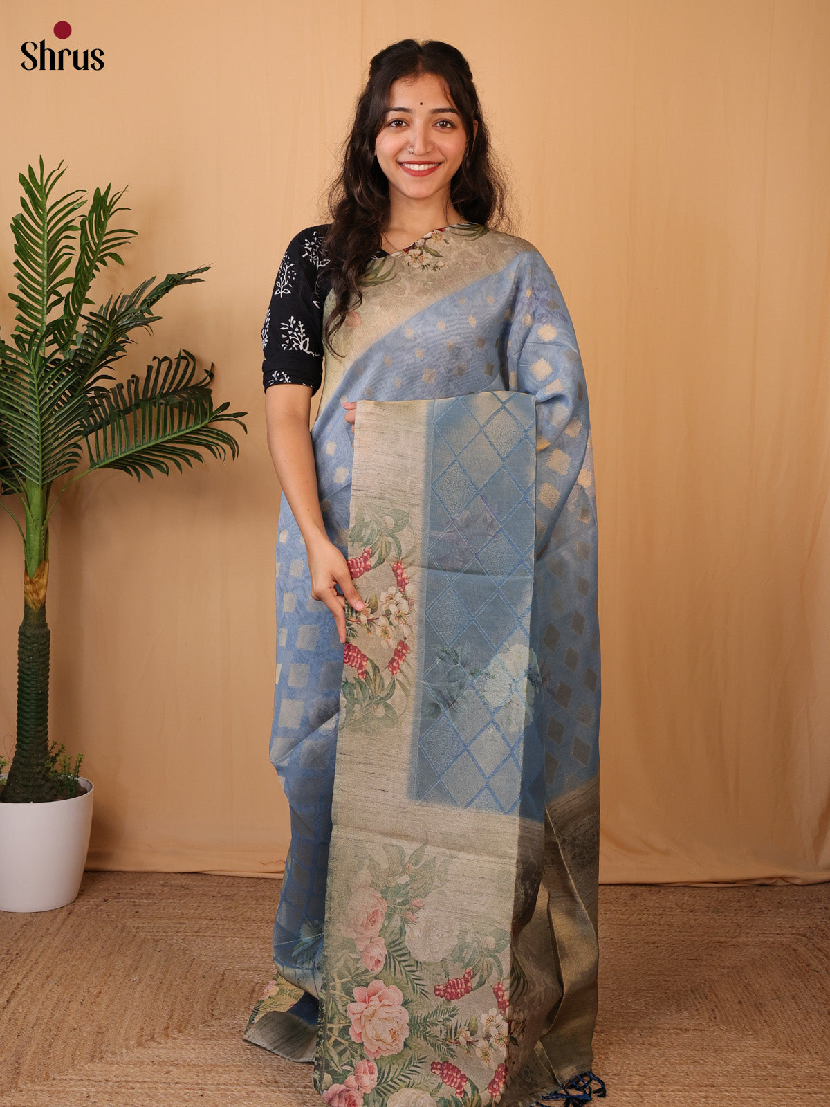 Light Blue - Semi Tissue Saree - Shop on Shrus.com