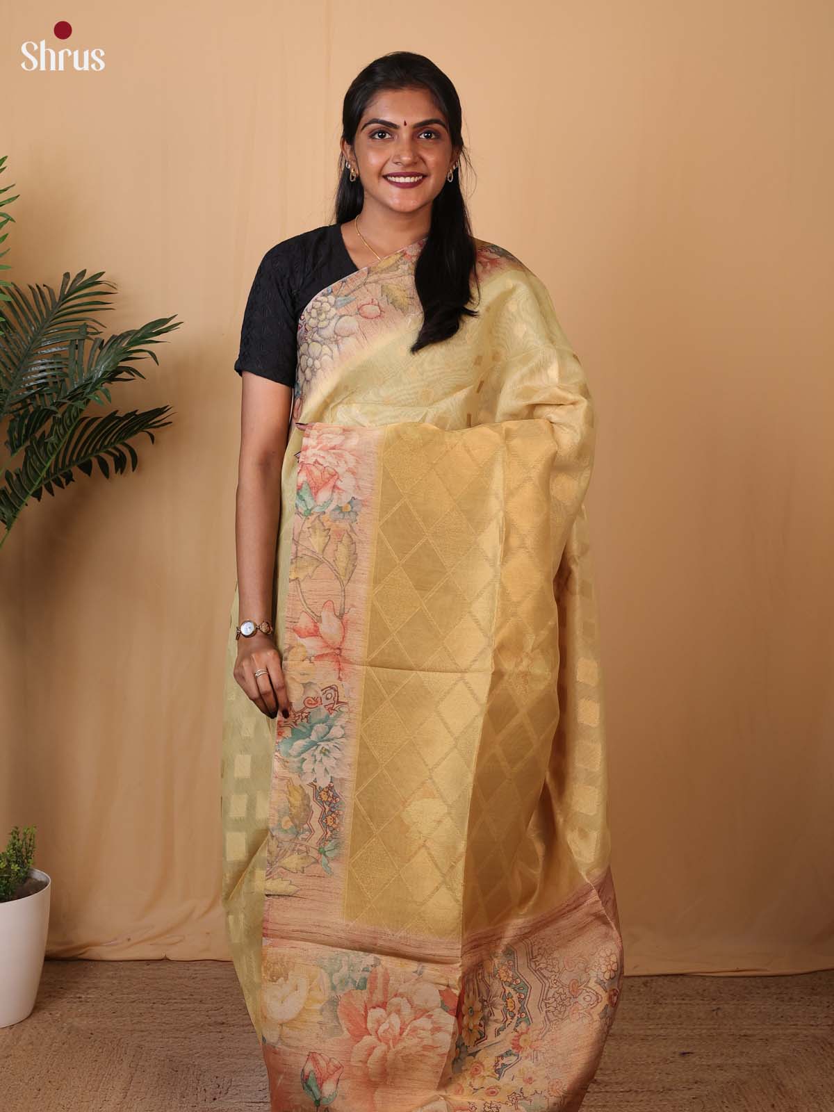 Pastel Yellow - Semi Tissue Saree - Shop on Shrus.com