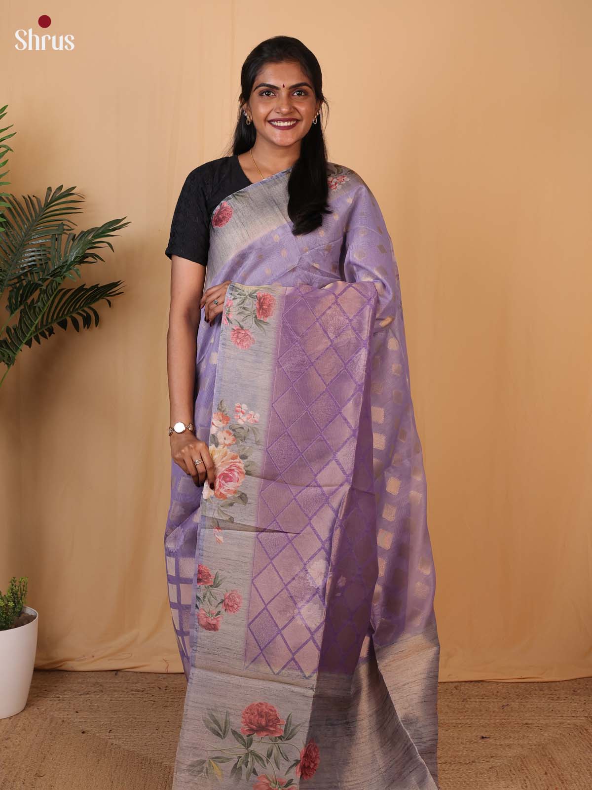 Purple & Grey - Semi Tissue Saree - Shop on Shrus.com