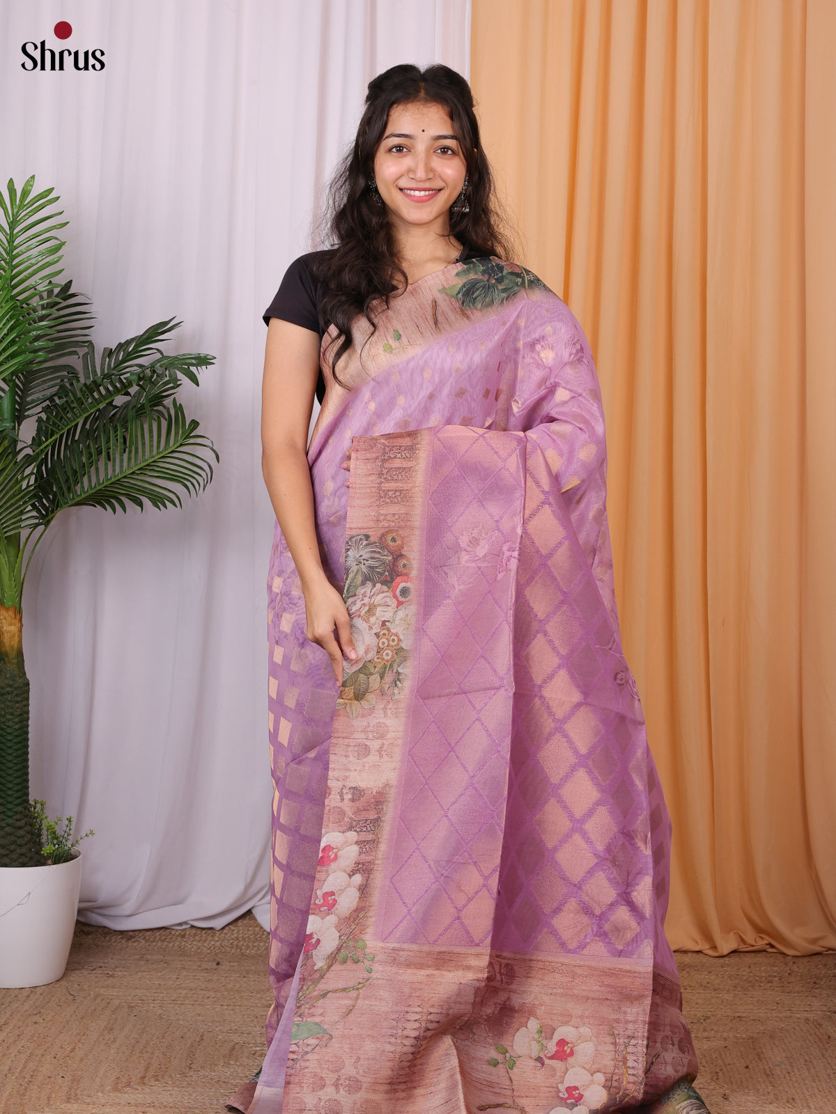 Purple & Brown - Semi Tissue Saree - Shop on Shrus.com