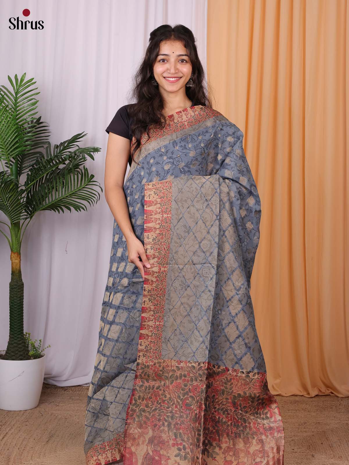 Grey & Beige - Semi Tissue Saree - Shop on Shrus.com