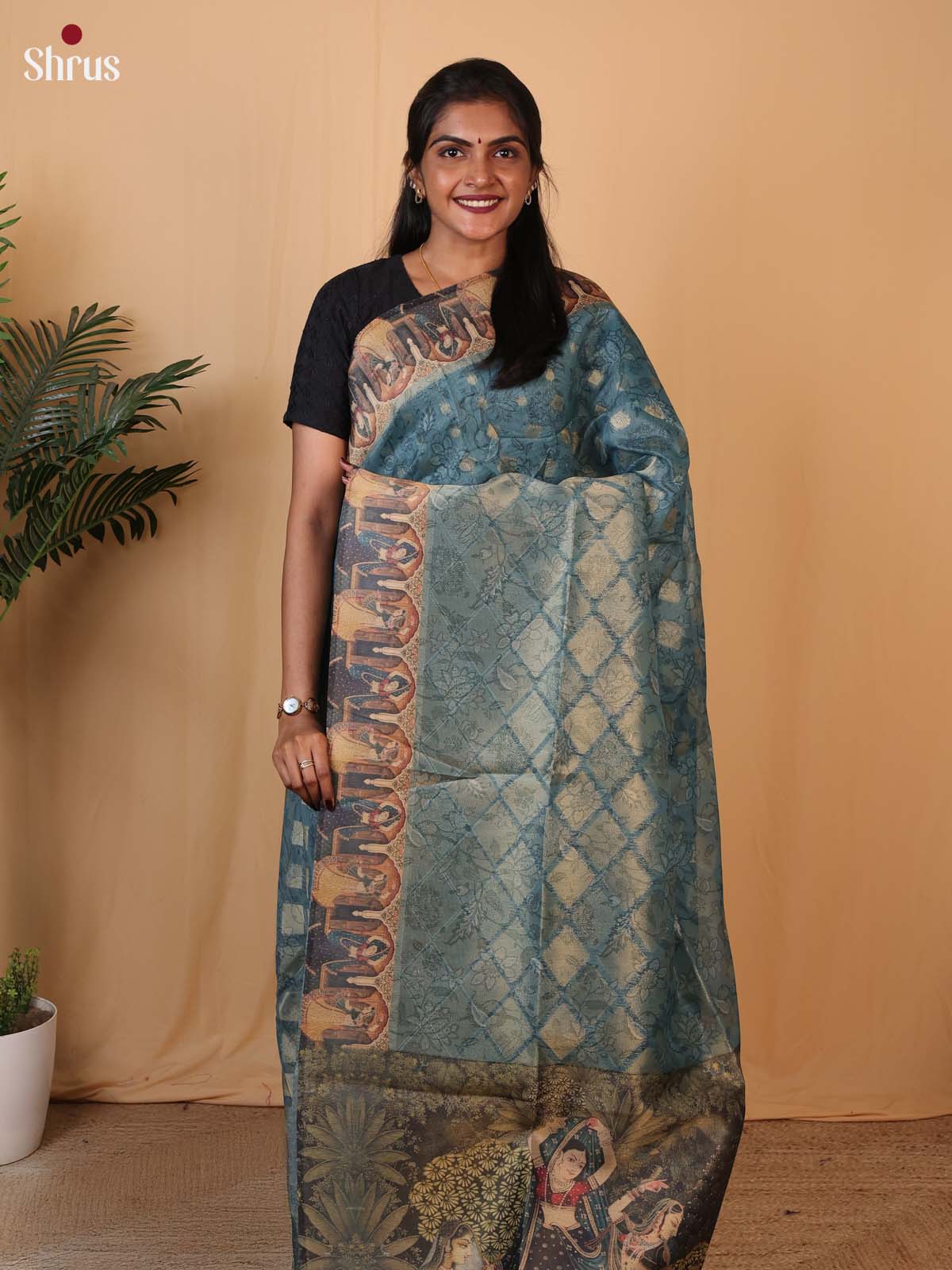 Blue - Semi Tissue Saree - Shop on Shrus.com