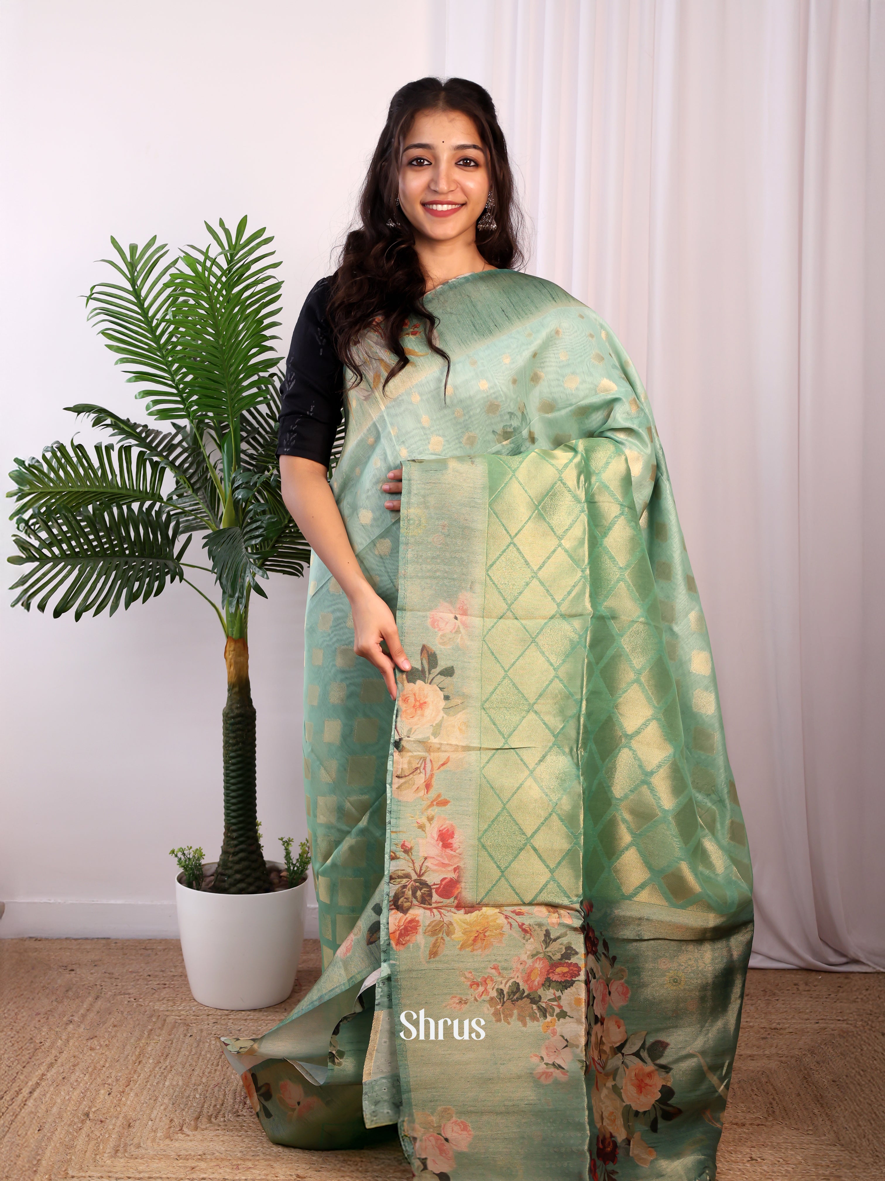 Green- Semi Tissue Saree - Shop on Shrus.com