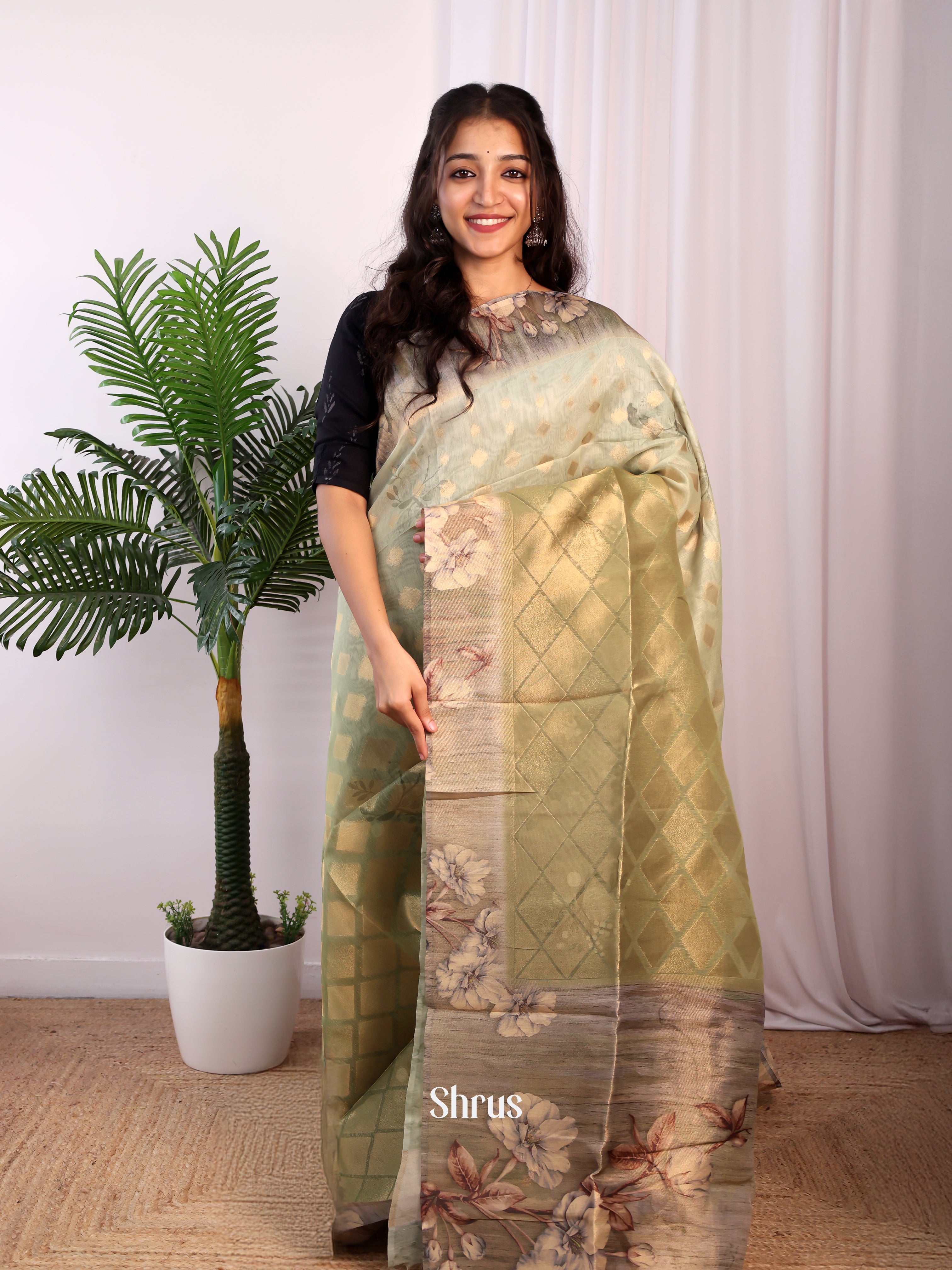 Green & Grey - Semi Tissue Saree - Shop on Shrus.com