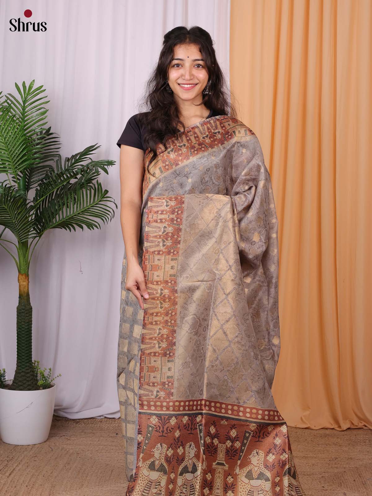 Grey & Brown - Semi Tissue Saree - Shop on Shrus.com
