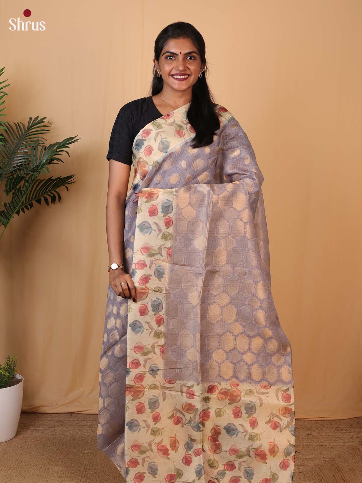 Lavender & Cream - Semi Tissue Saree - Shop on Shrus.com