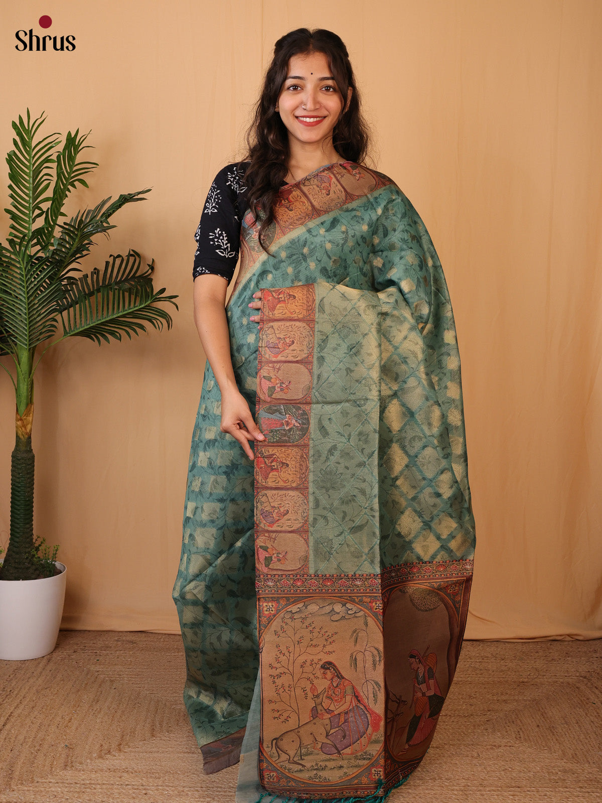 Green & Brown- Semi Tissue Saree - Shop on Shrus.com