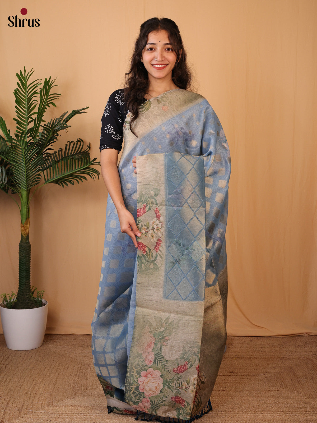 Blue & Grey- Semi Tissue Saree - Shop on Shrus.com