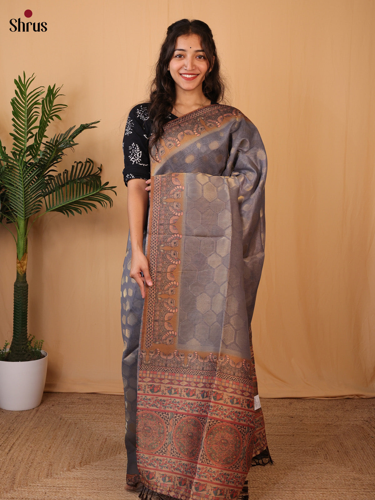 Grey - Semi Tissue Saree - Shop on Shrus.com