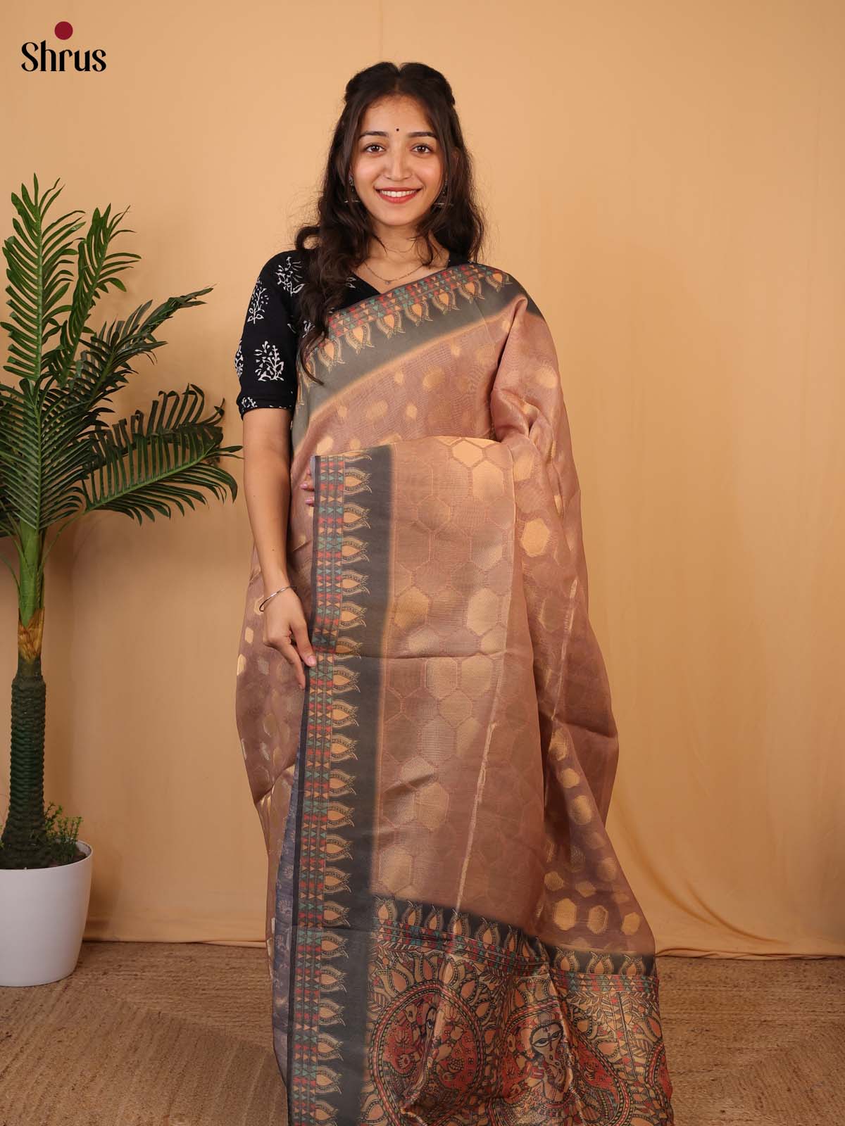 Onion Peel & Black - Semi Tissue Saree - Shop on Shrus.com