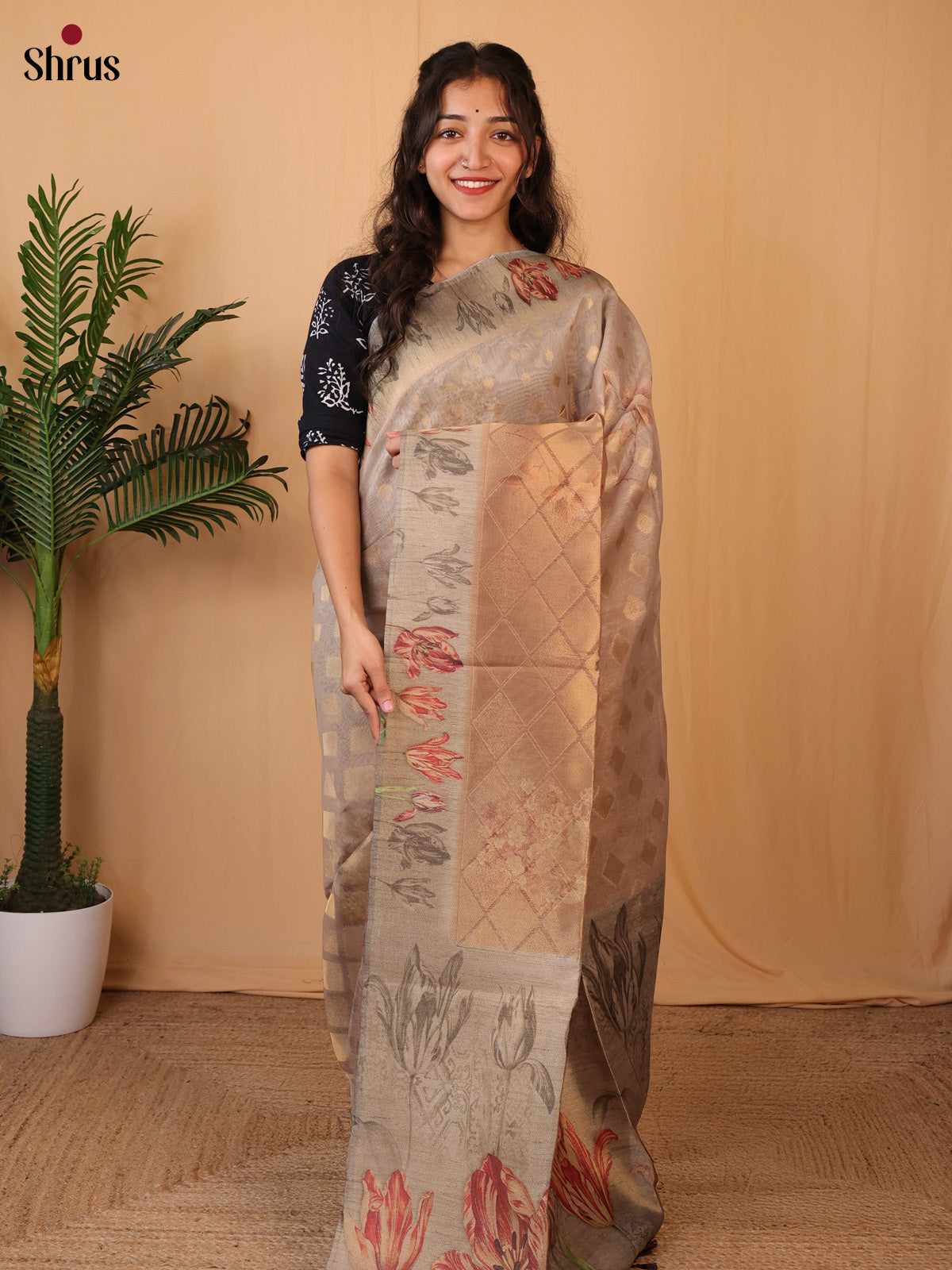 Grey - Semi Tissue Saree - Shop on Shrus.com