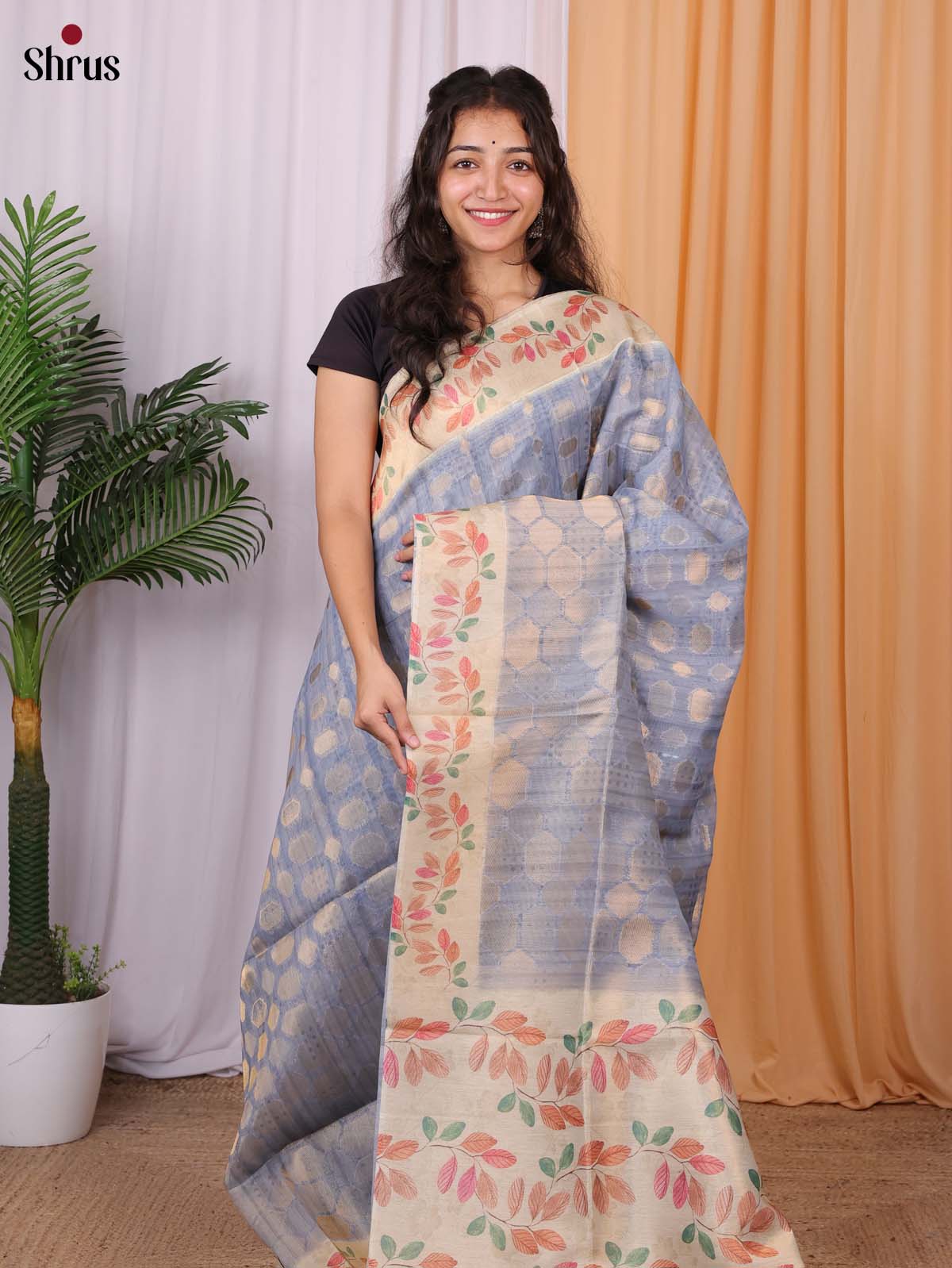Blue & Cream - Semi Tissue Saree - Shop on Shrus.com