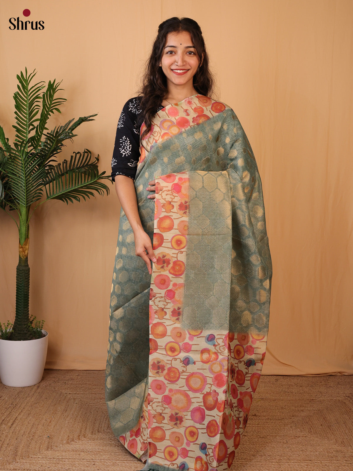 Blue & Cream - Semi Tissue Saree - Shop on Shrus.com