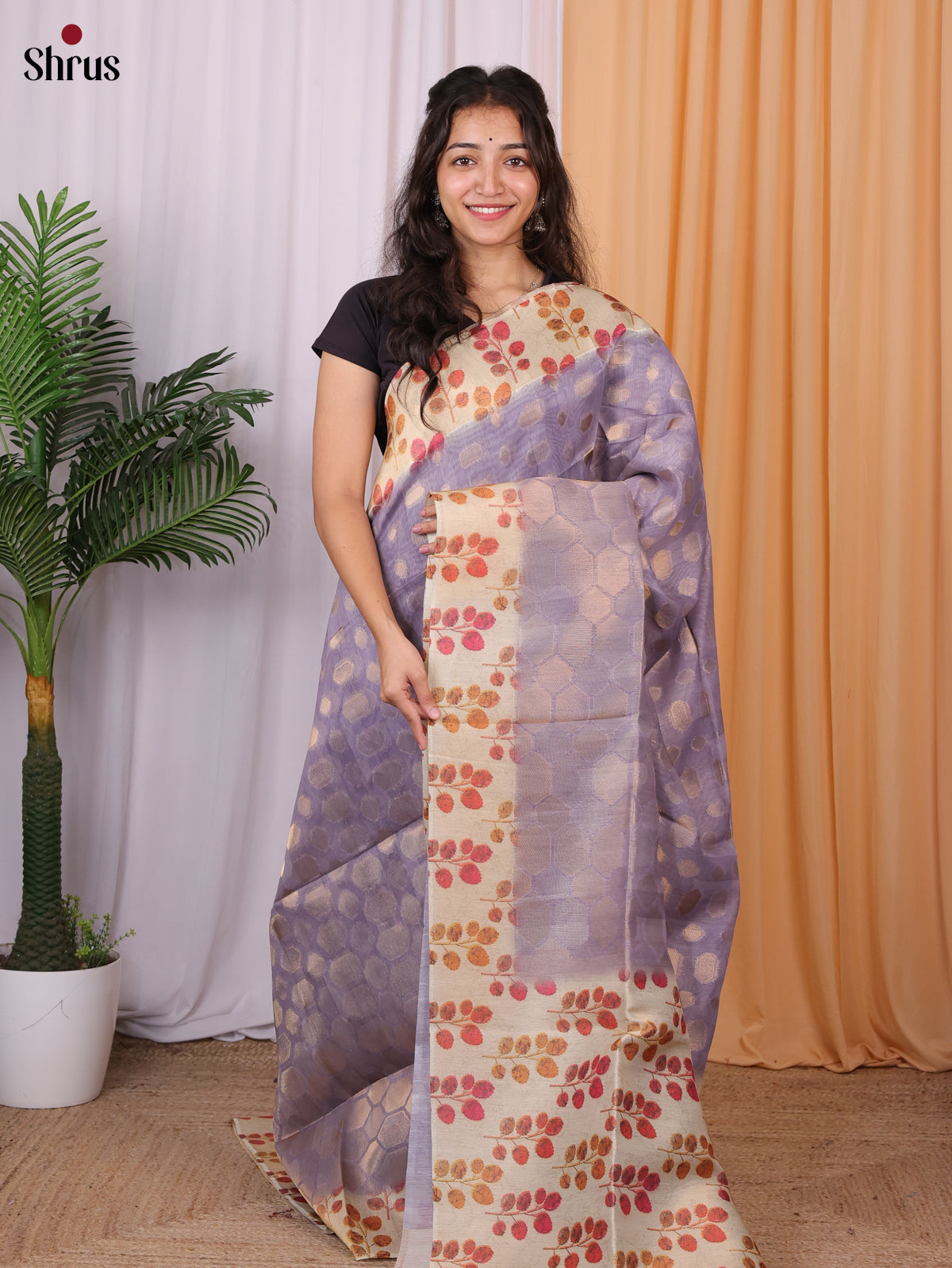 Lavender & Cream- Semi Tissue Saree - Shop on Shrus.com