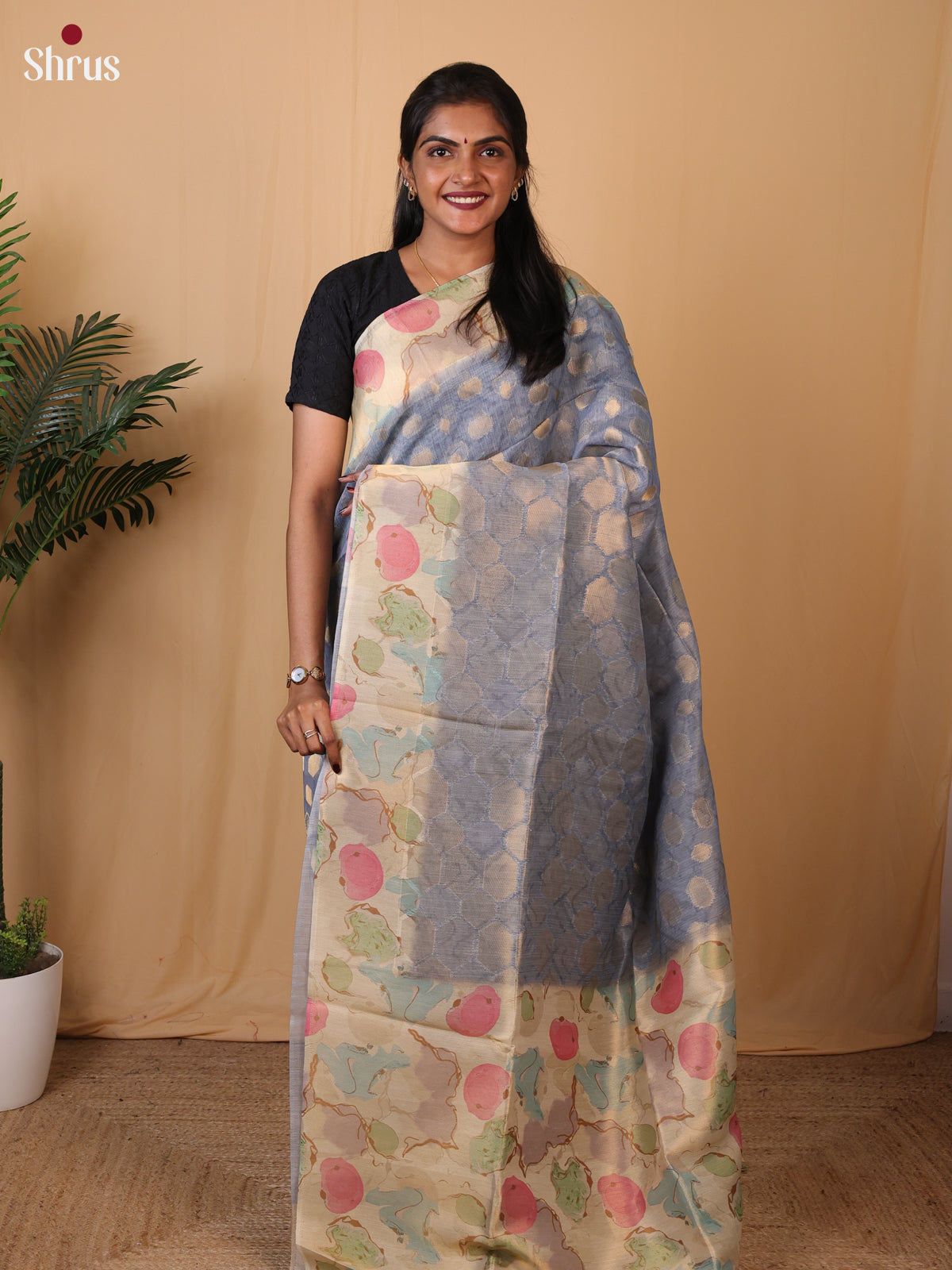 Blue & Cream - Semi Tissue Saree - Shop on Shrus.com