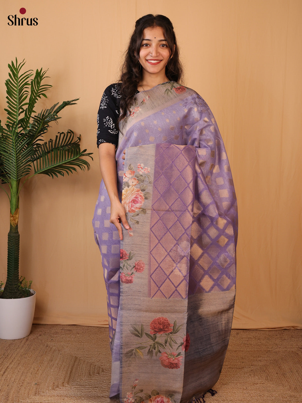 Purple & Grey - Semi Tissue Saree - Shop on Shrus.com