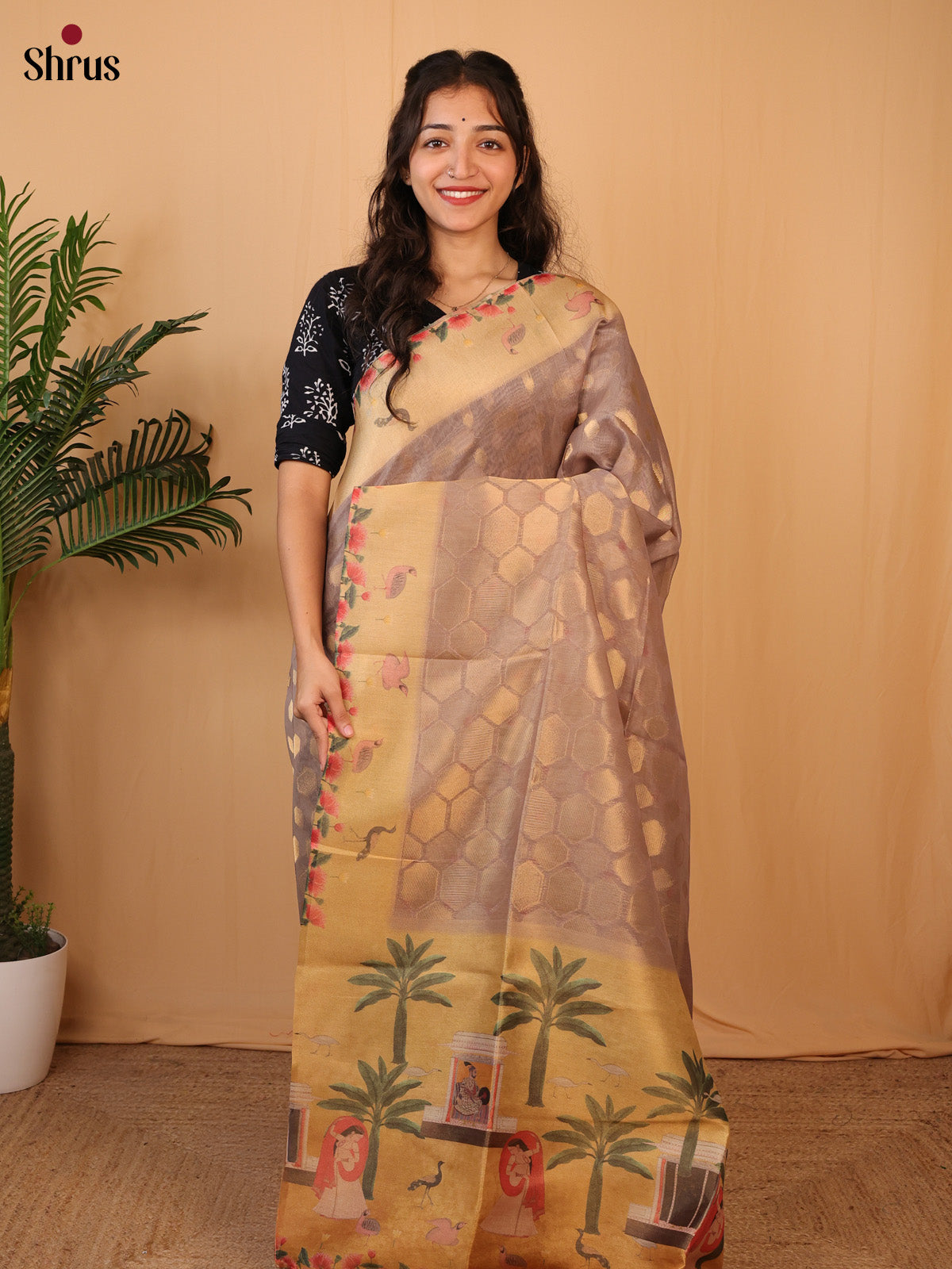 Mauve & Beige- Semi Tissue Saree - Shop on Shrus.com