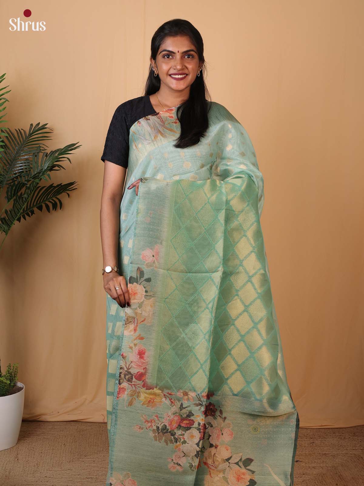 Green - Semi Tissue Saree - Shop on Shrus.com