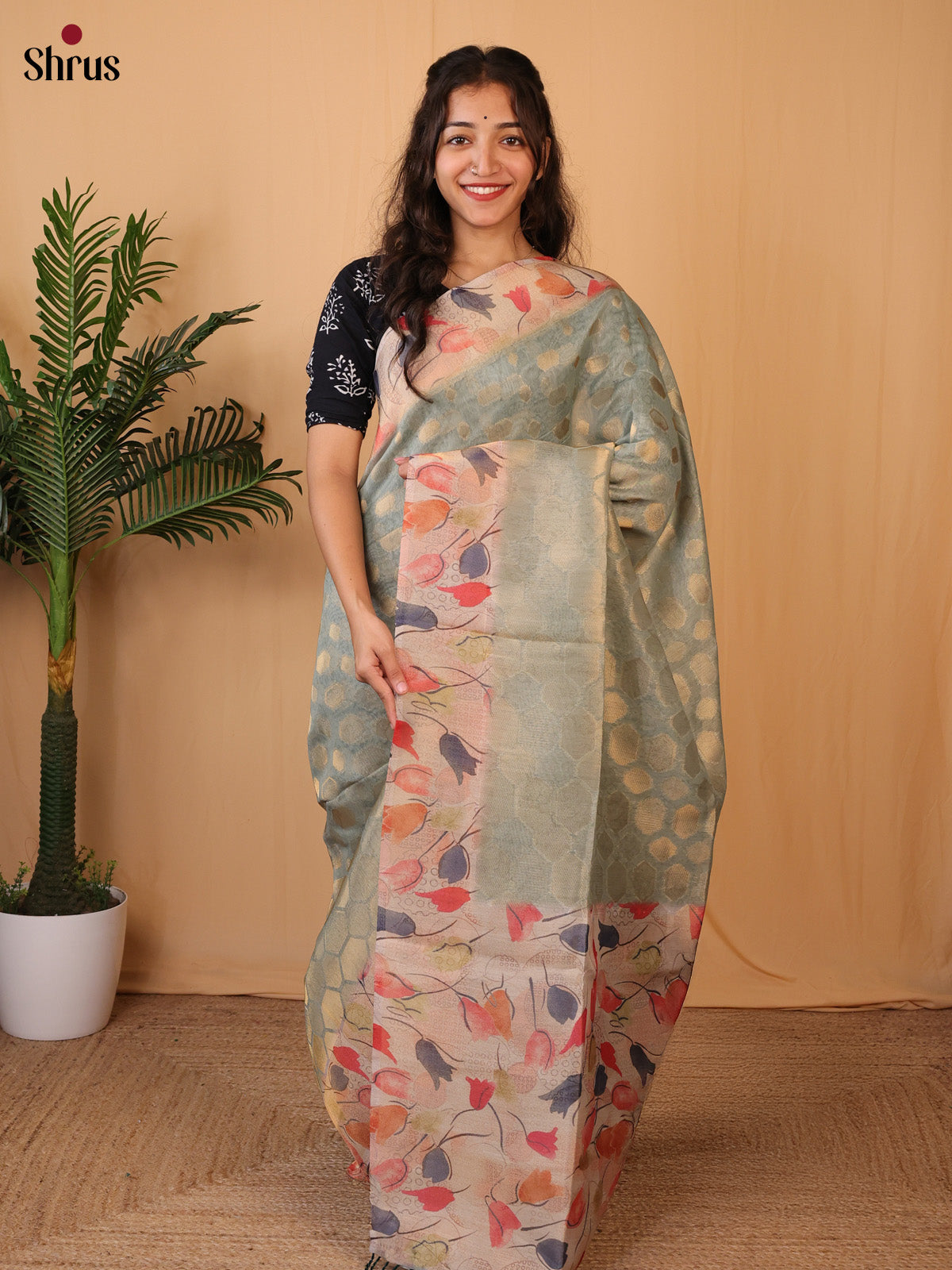 Lite Blue & Pink - Semi Tissue Saree - Shop on Shrus.com