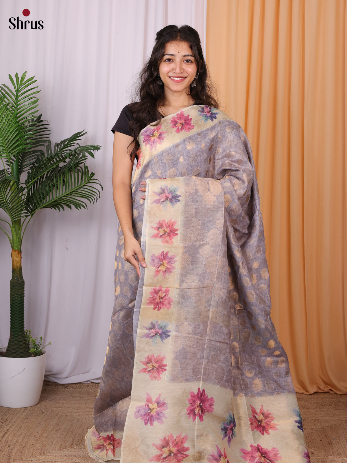 Mild Lavender & Beige - Semi Tissue Saree - Shop on Shrus.com