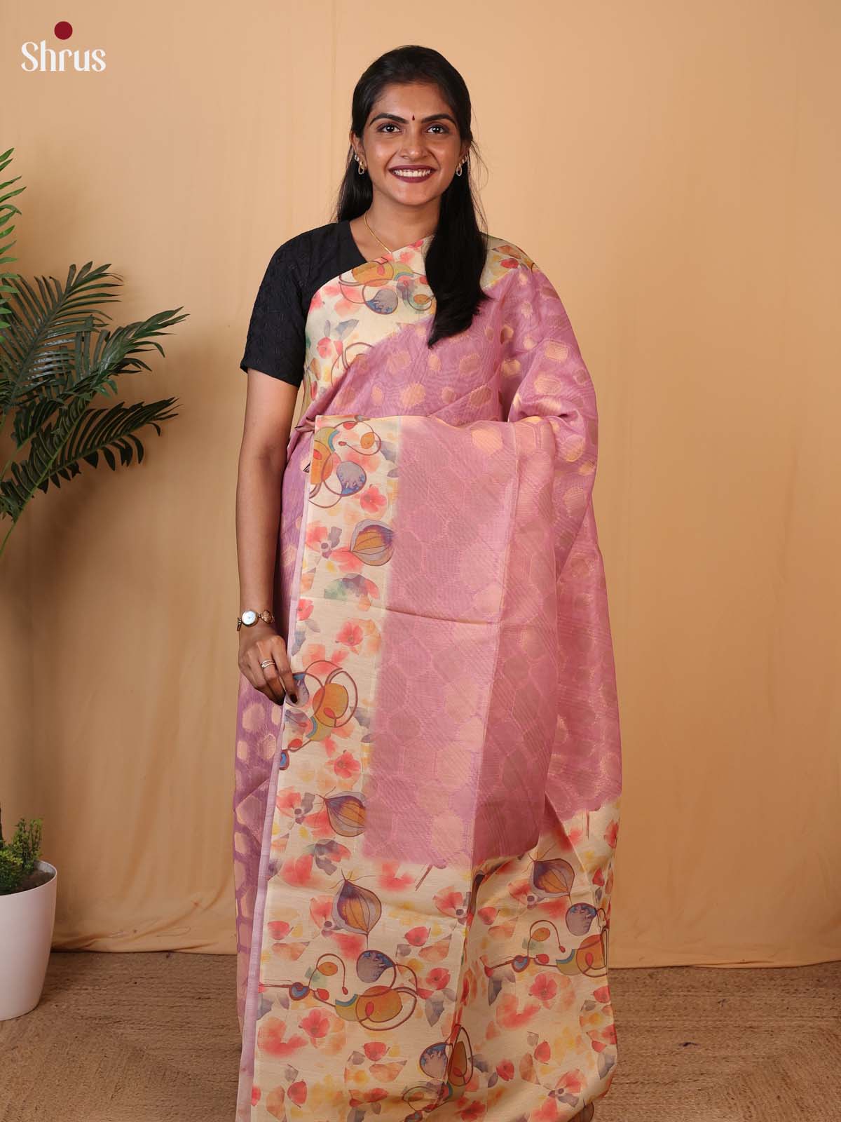 Pink & Cream - Semi Tissue Saree - Shop on Shrus.com